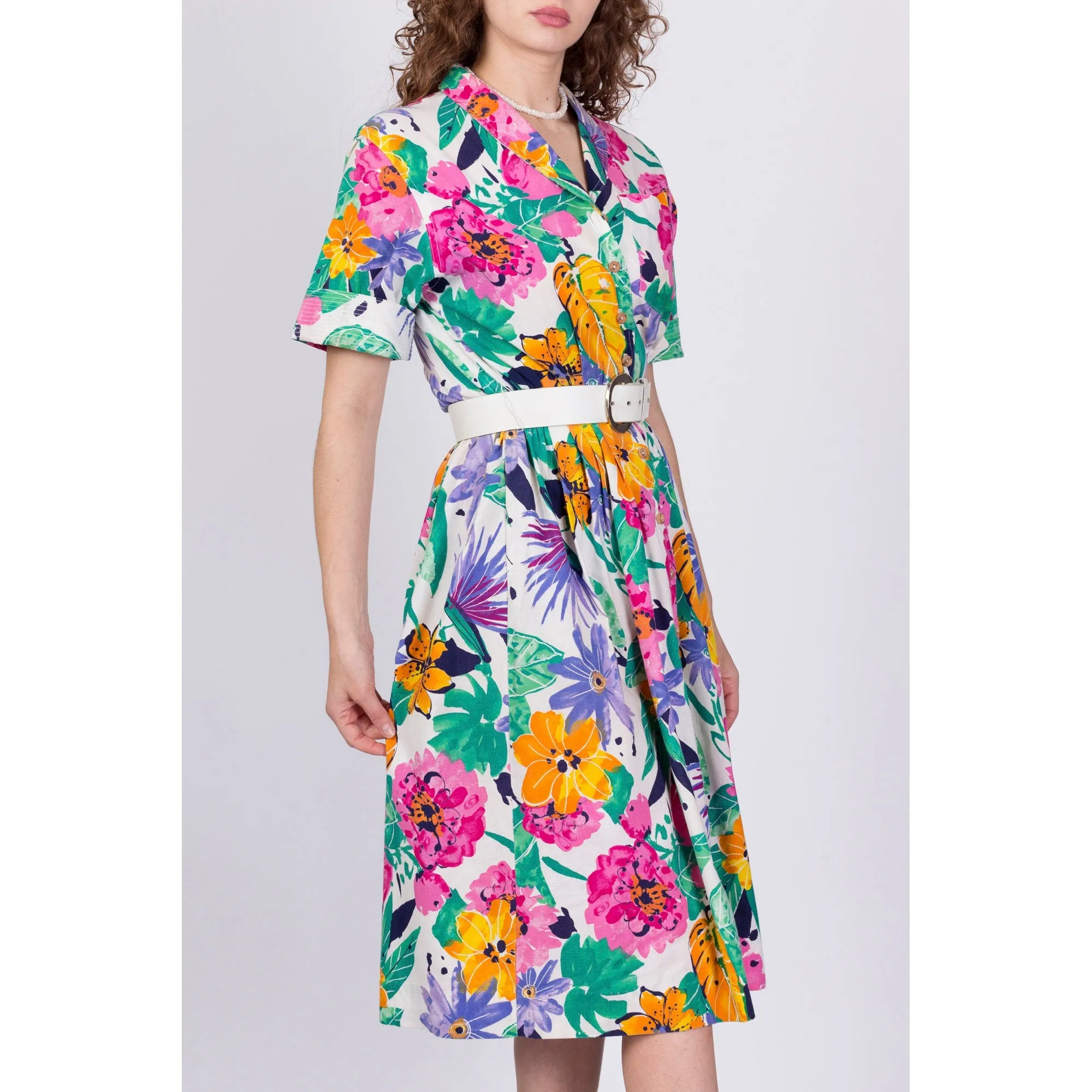 80s Tropical Floral Belted Shirtdress - Small