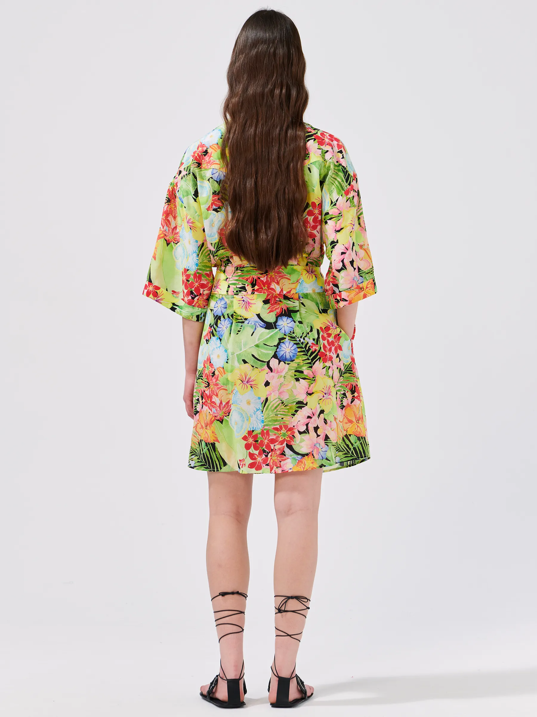 Abundant Blooms Wide Sleeve Silk Mini Shirt Dress Black