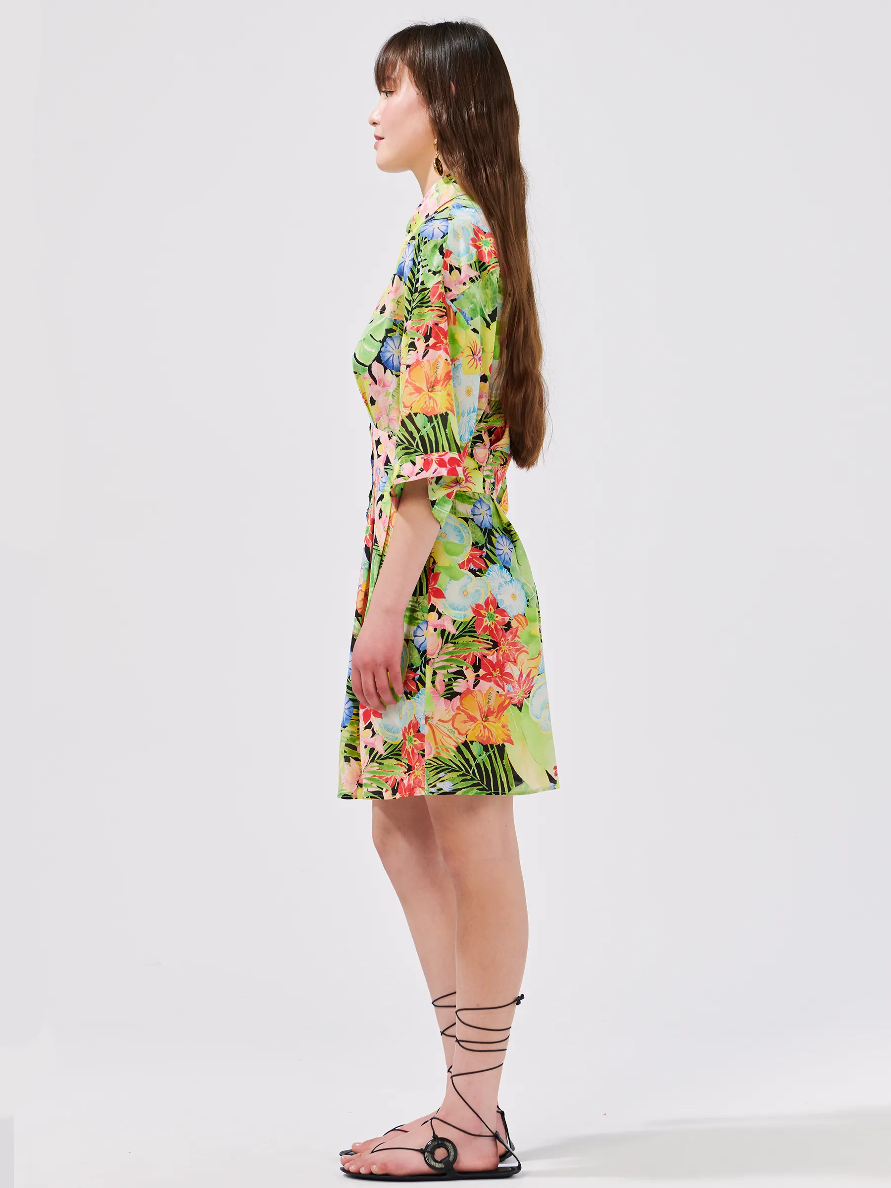 Abundant Blooms Wide Sleeve Silk Mini Shirt Dress Black