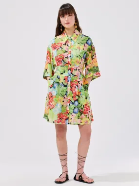 Abundant Blooms Wide Sleeve Silk Mini Shirt Dress Black