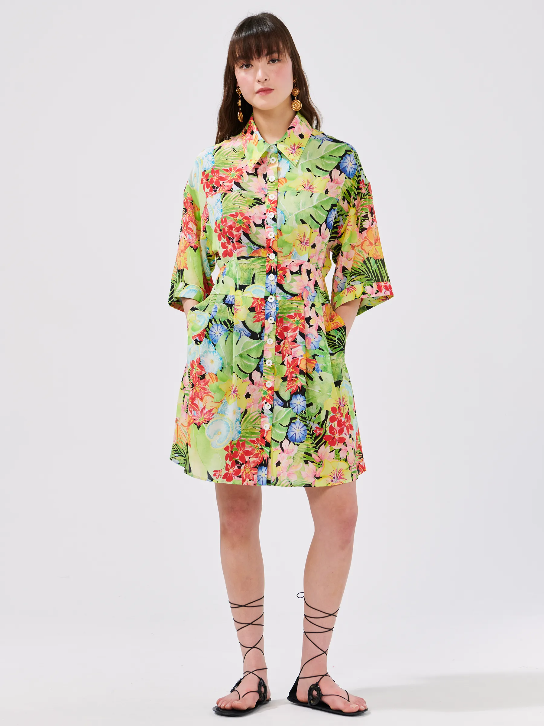Abundant Blooms Wide Sleeve Silk Mini Shirt Dress Black