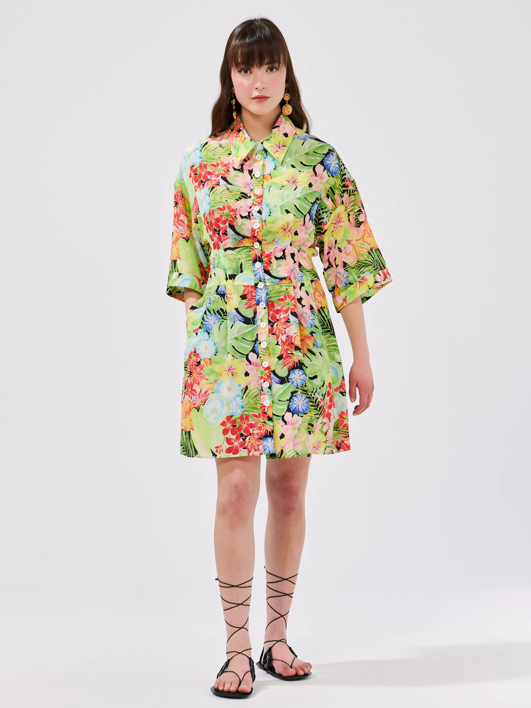 Abundant Blooms Wide Sleeve Silk Mini Shirt Dress Black