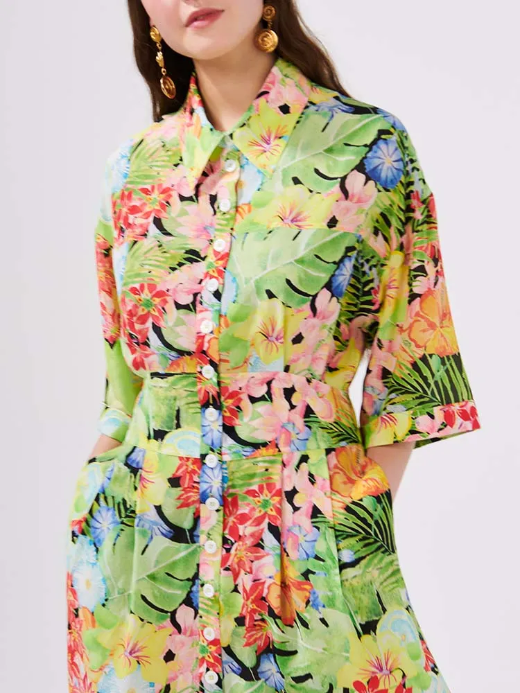 Abundant Blooms Wide Sleeve Silk Mini Shirt Dress Black