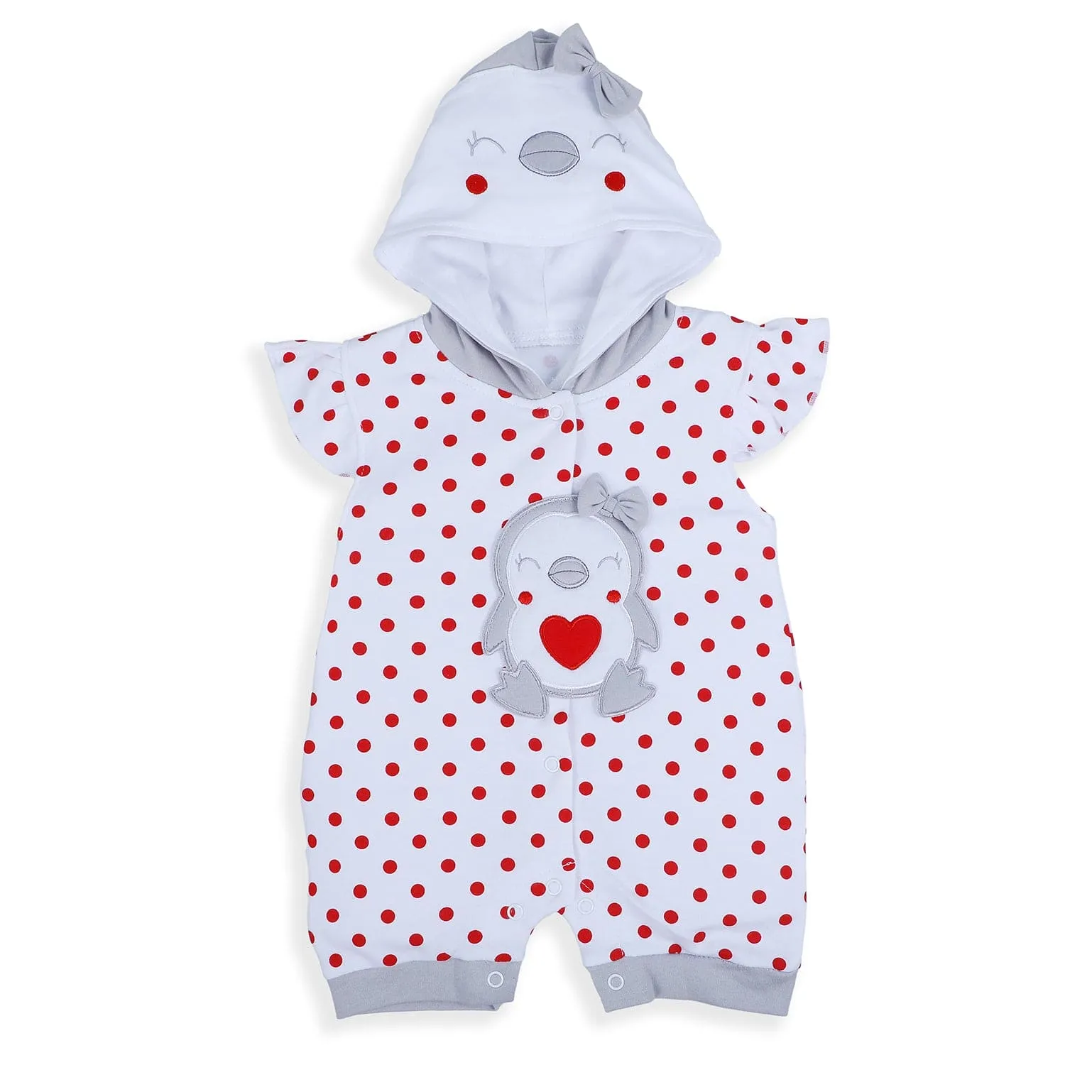 Baby Moo Little Penguin Embroidered Soft Cotton Girls Hooded Short Romper - Red
