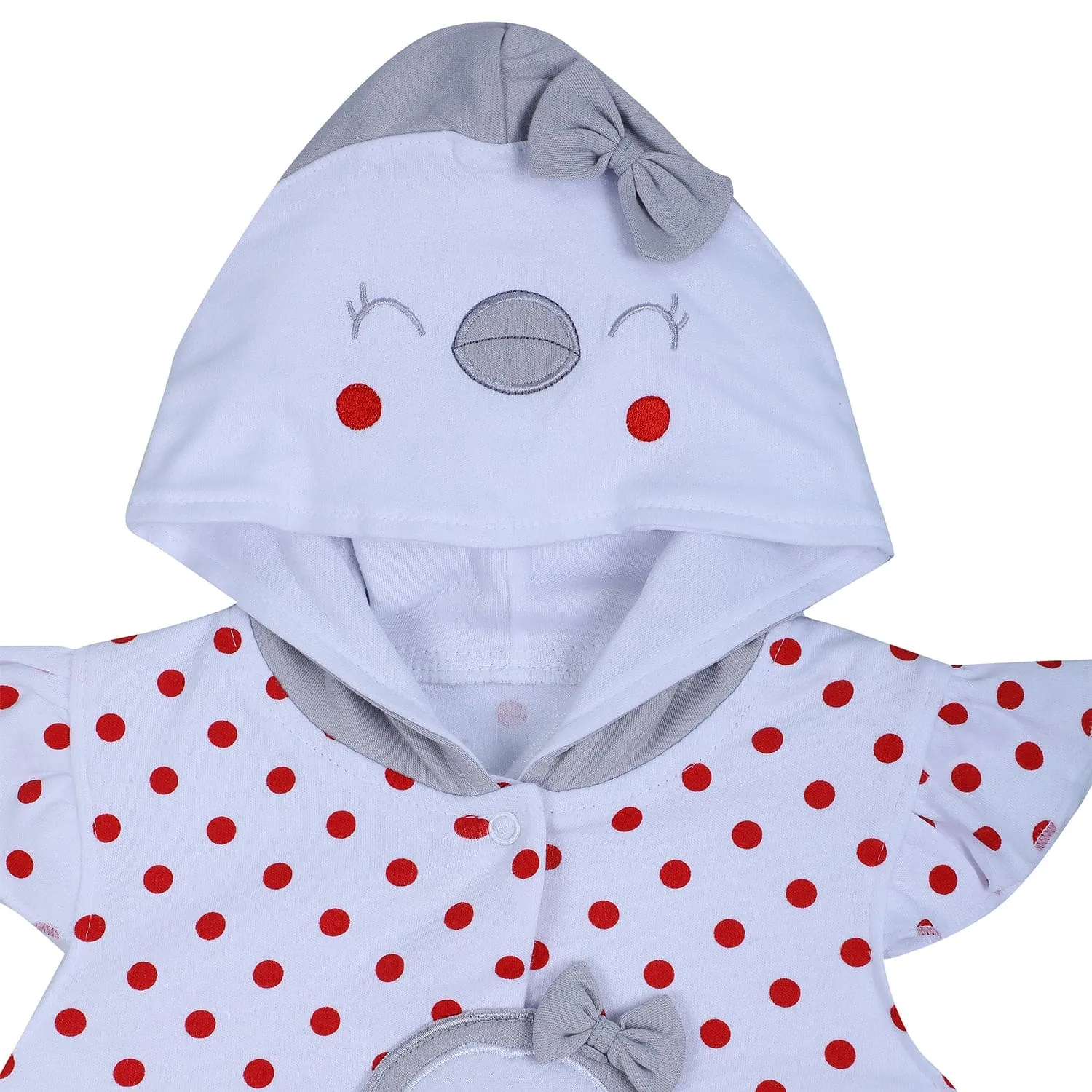 Baby Moo Little Penguin Embroidered Soft Cotton Girls Hooded Short Romper - Red