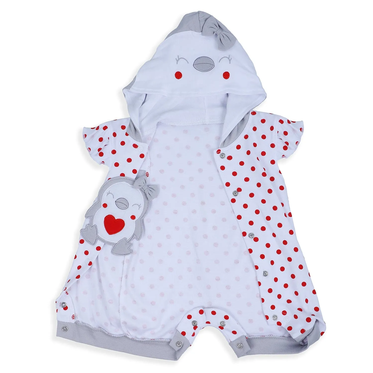 Baby Moo Little Penguin Embroidered Soft Cotton Girls Hooded Short Romper - Red