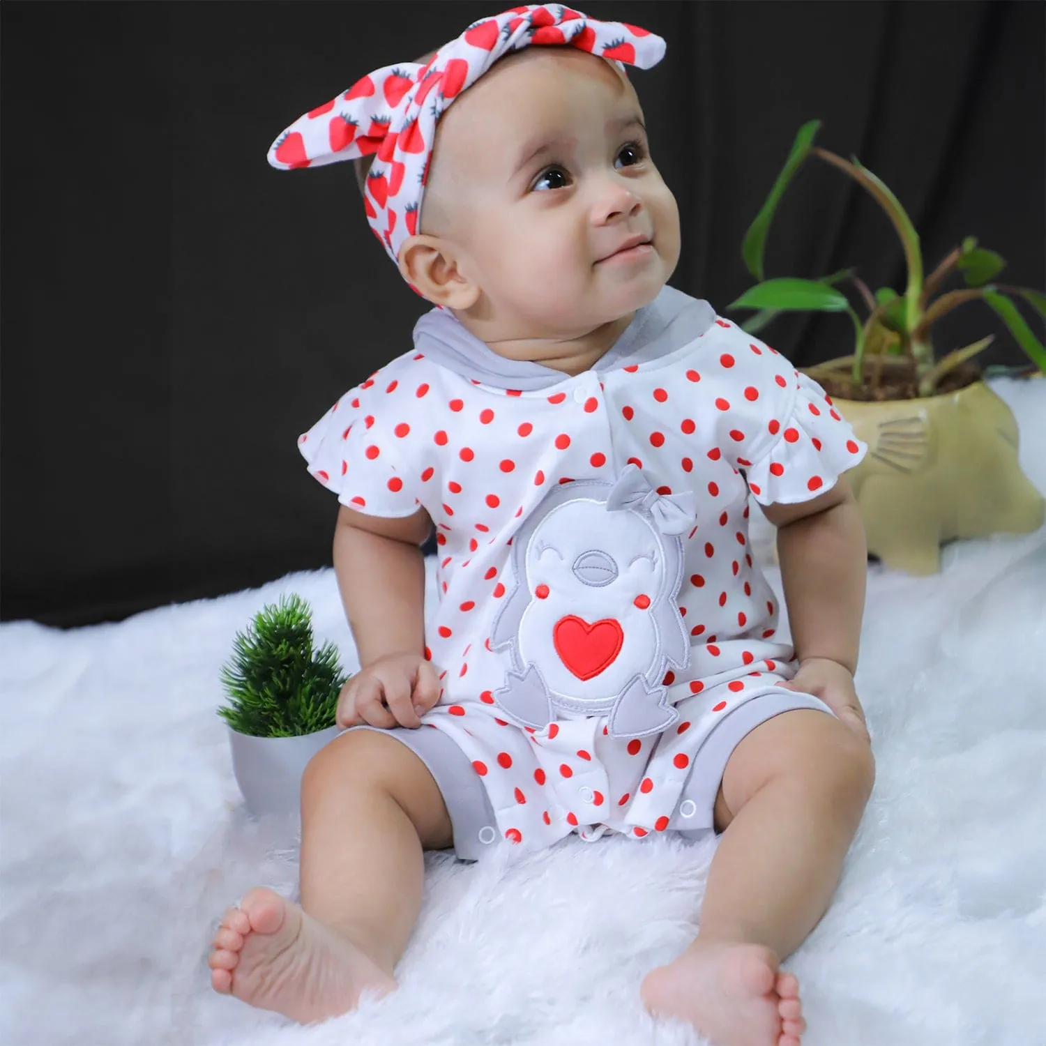 Baby Moo Little Penguin Embroidered Soft Cotton Girls Hooded Short Romper - Red