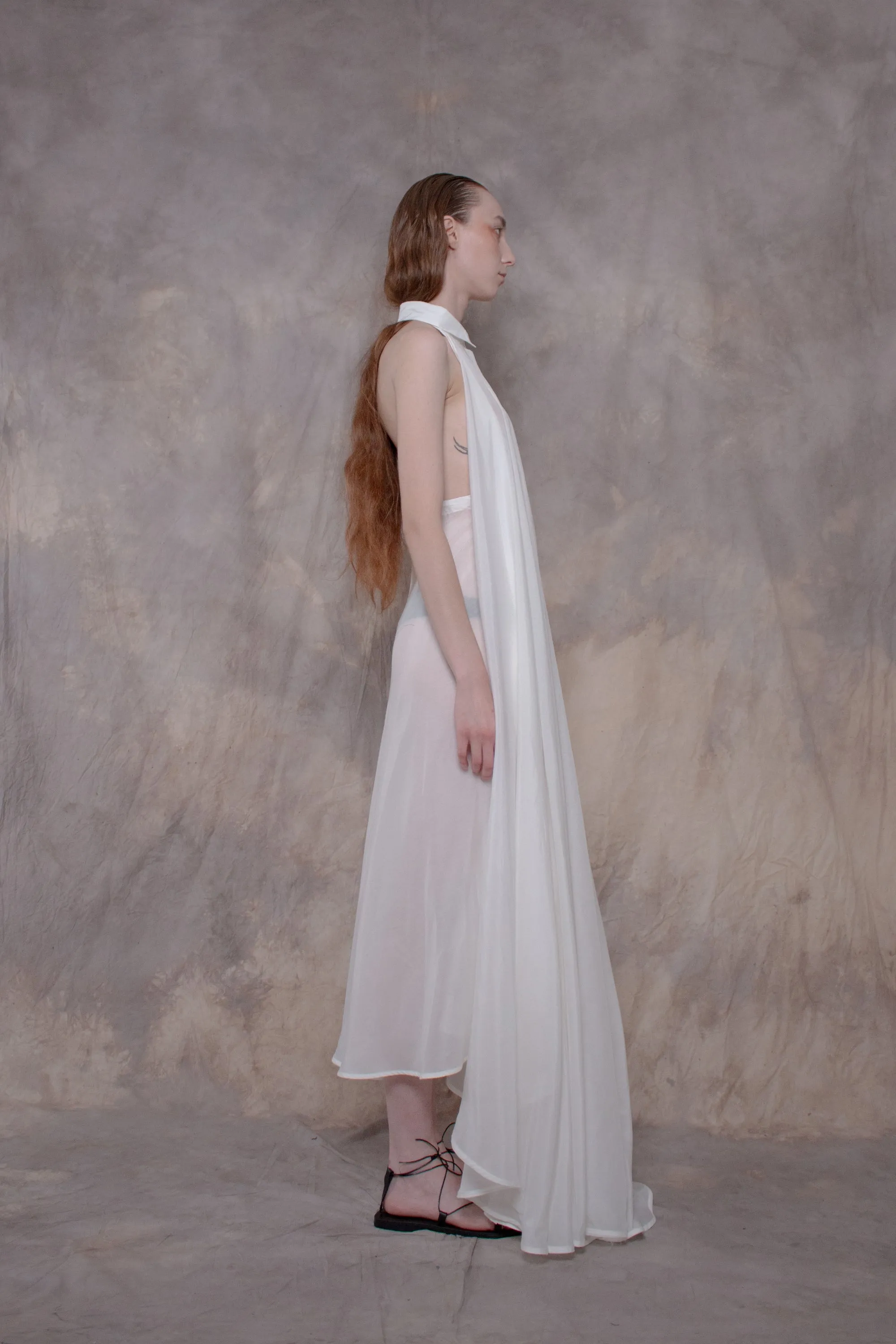 Backless White Silk Shirt-dress