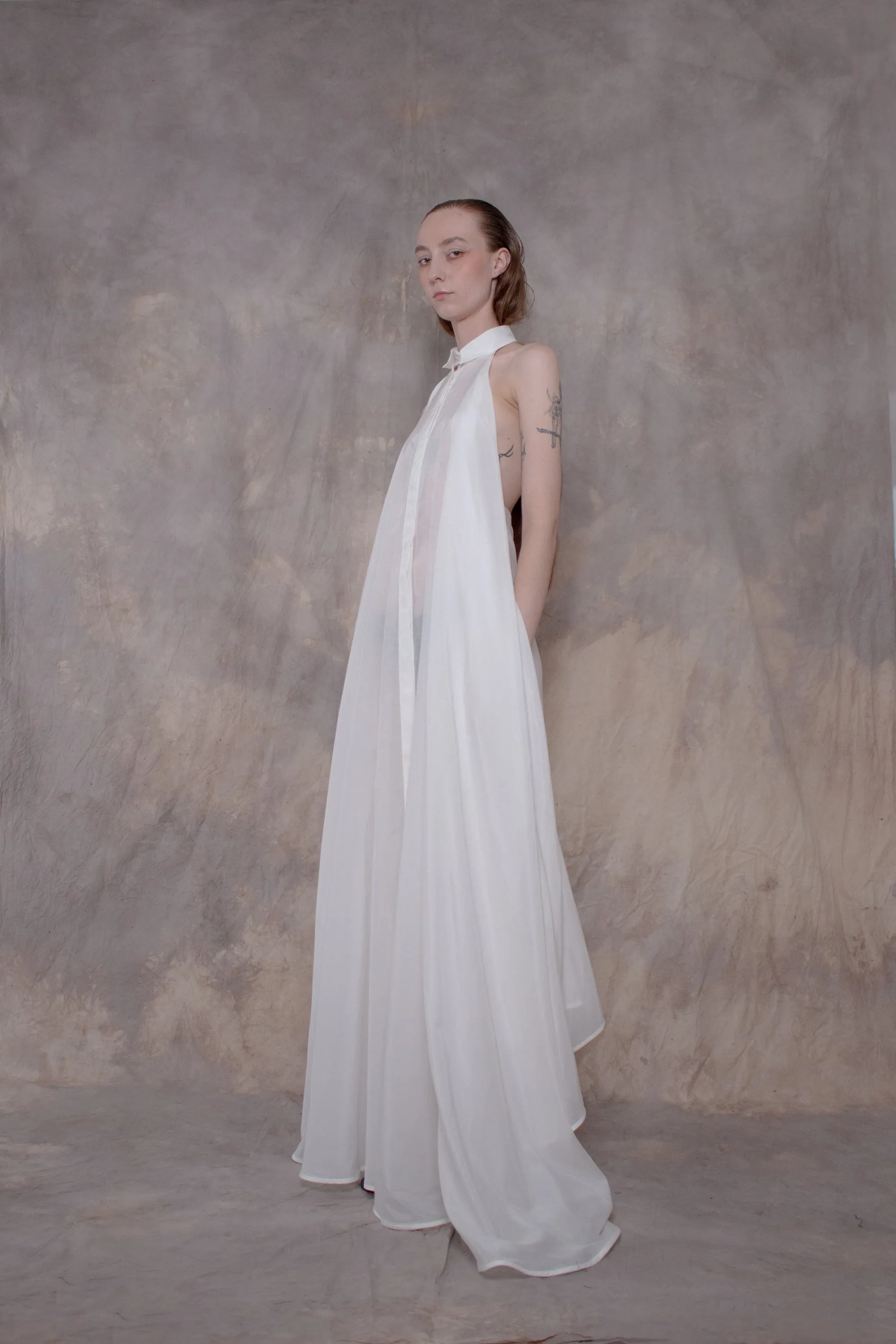Backless White Silk Shirt-dress