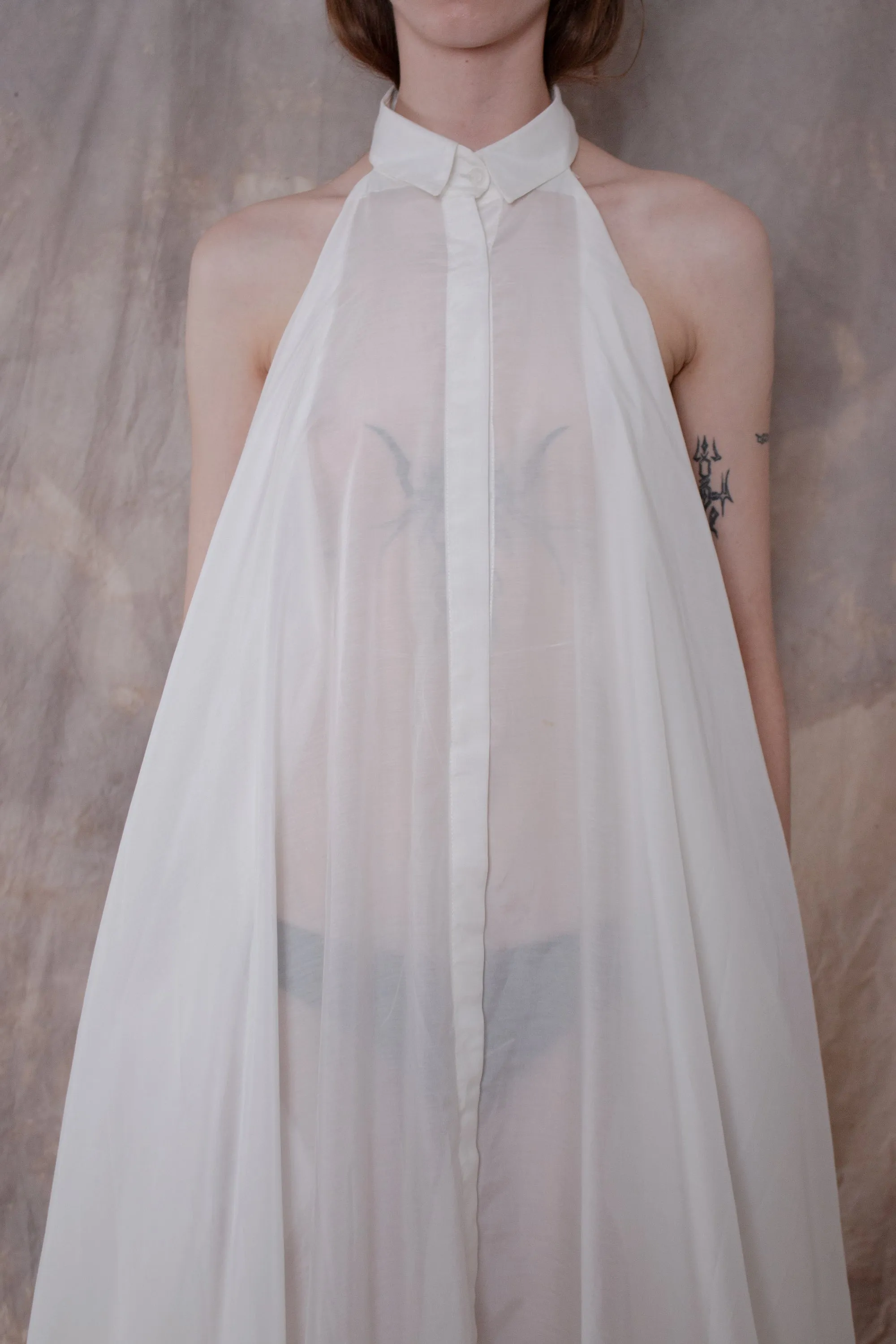 Backless White Silk Shirt-dress