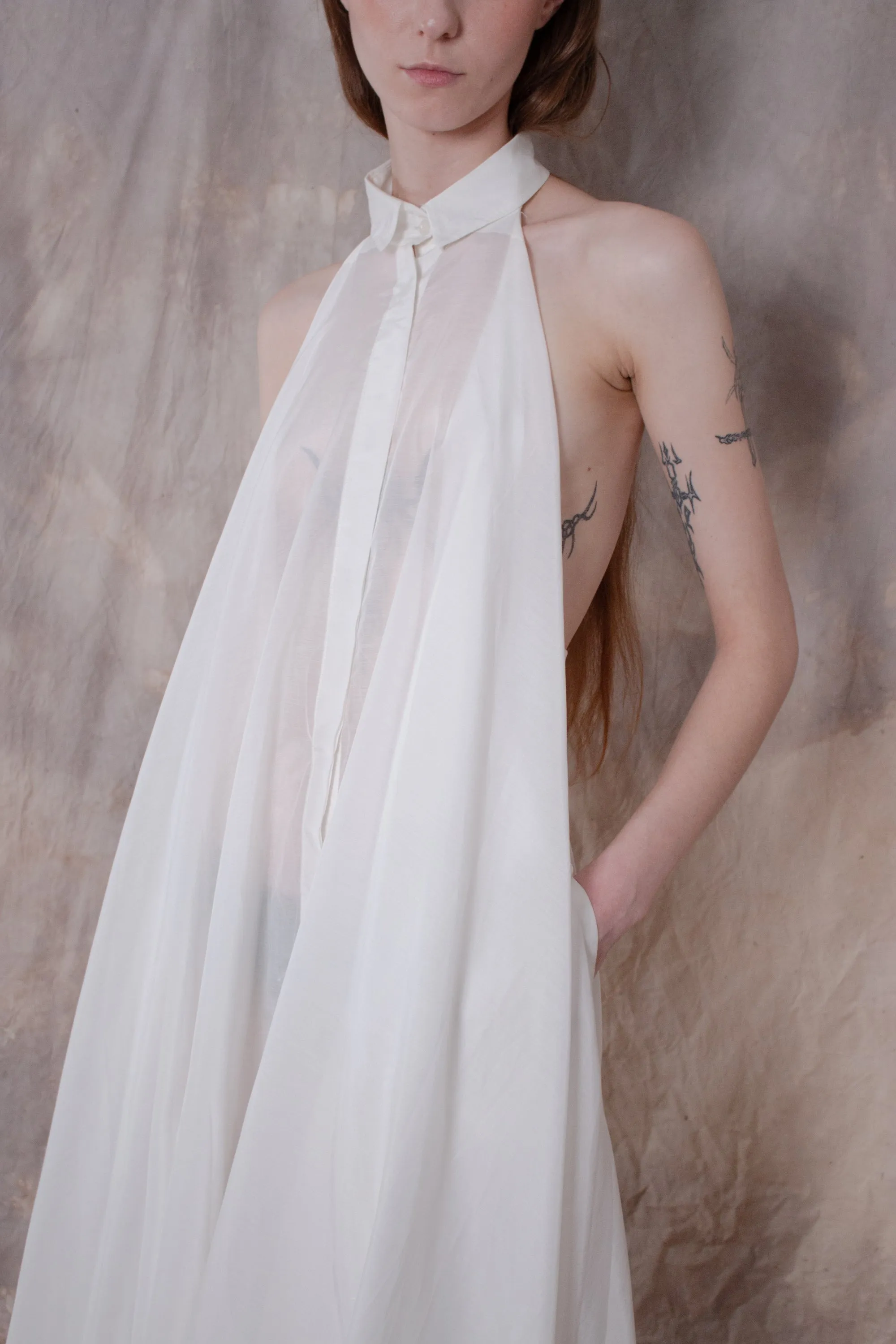 Backless White Silk Shirt-dress