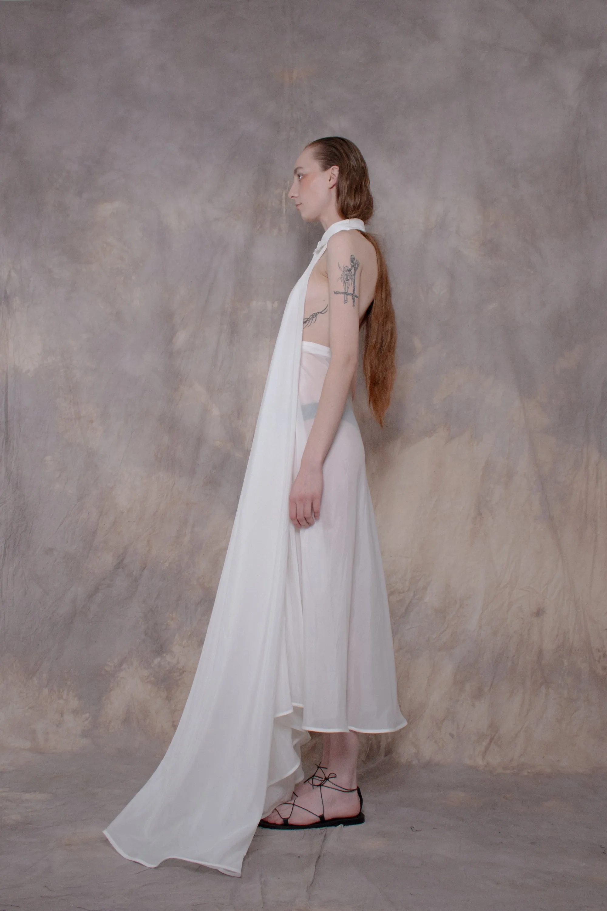 Backless White Silk Shirt-dress