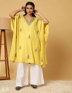 Banana Yellow Aari Embroidered Woolen Kaftan