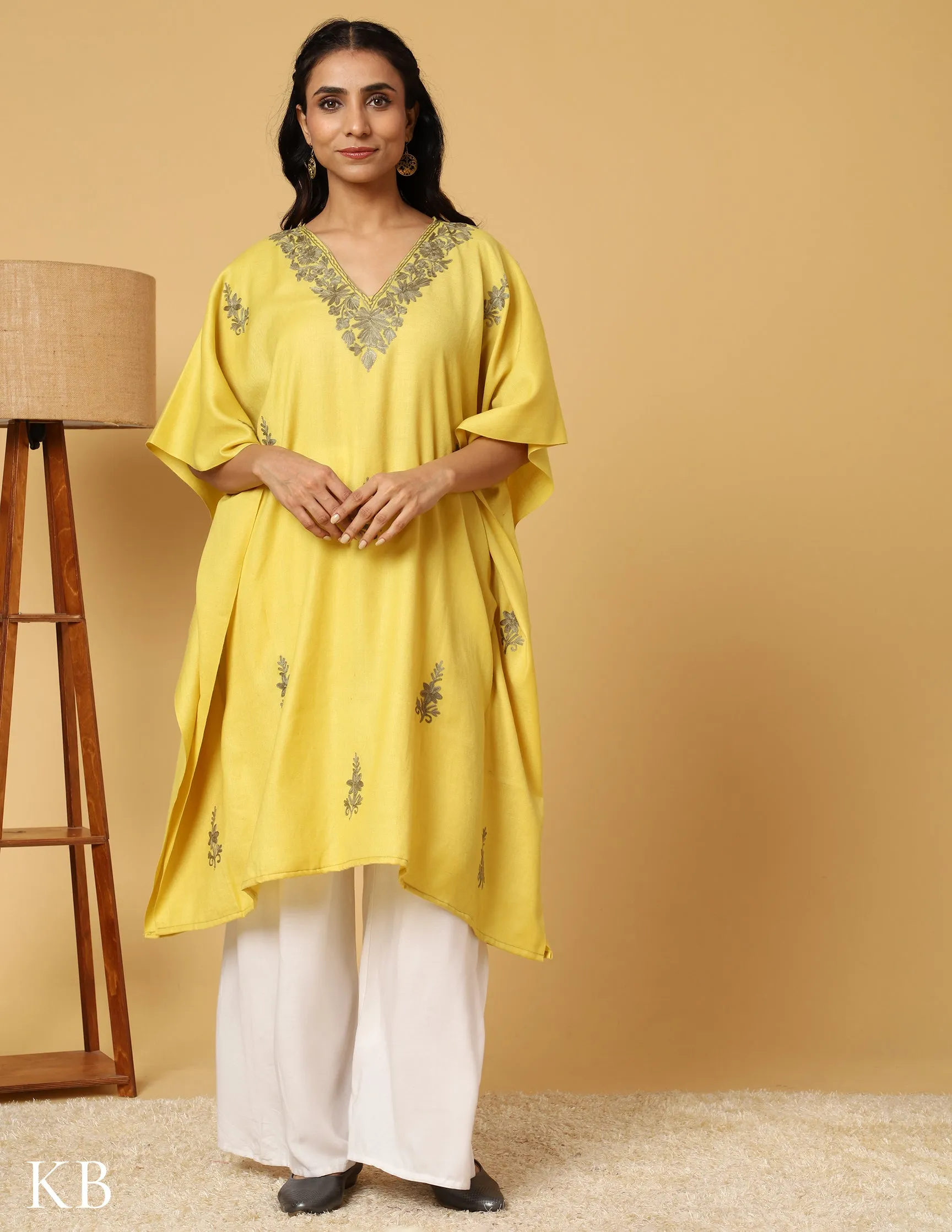 Banana Yellow Aari Embroidered Woolen Kaftan