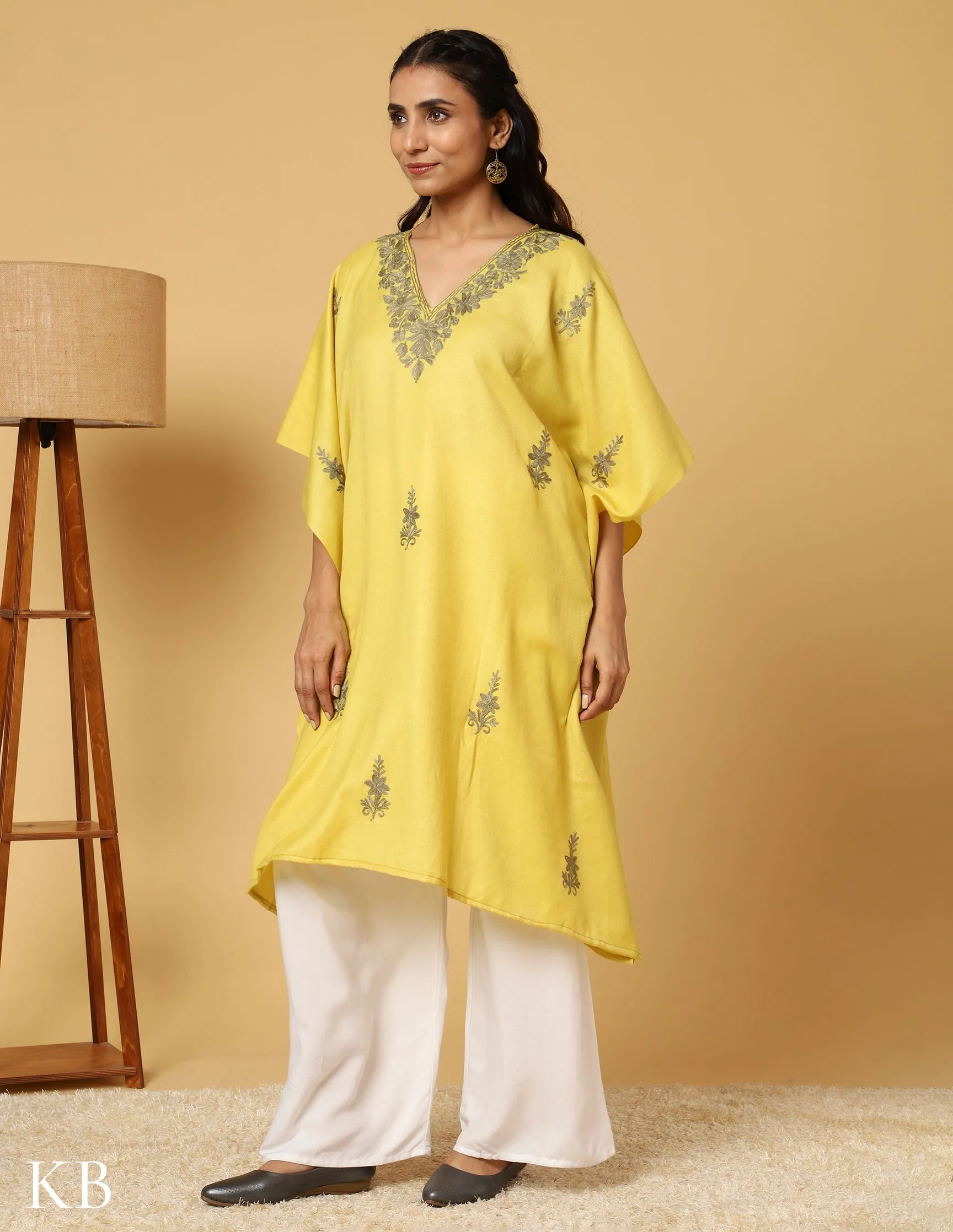 Banana Yellow Aari Embroidered Woolen Kaftan