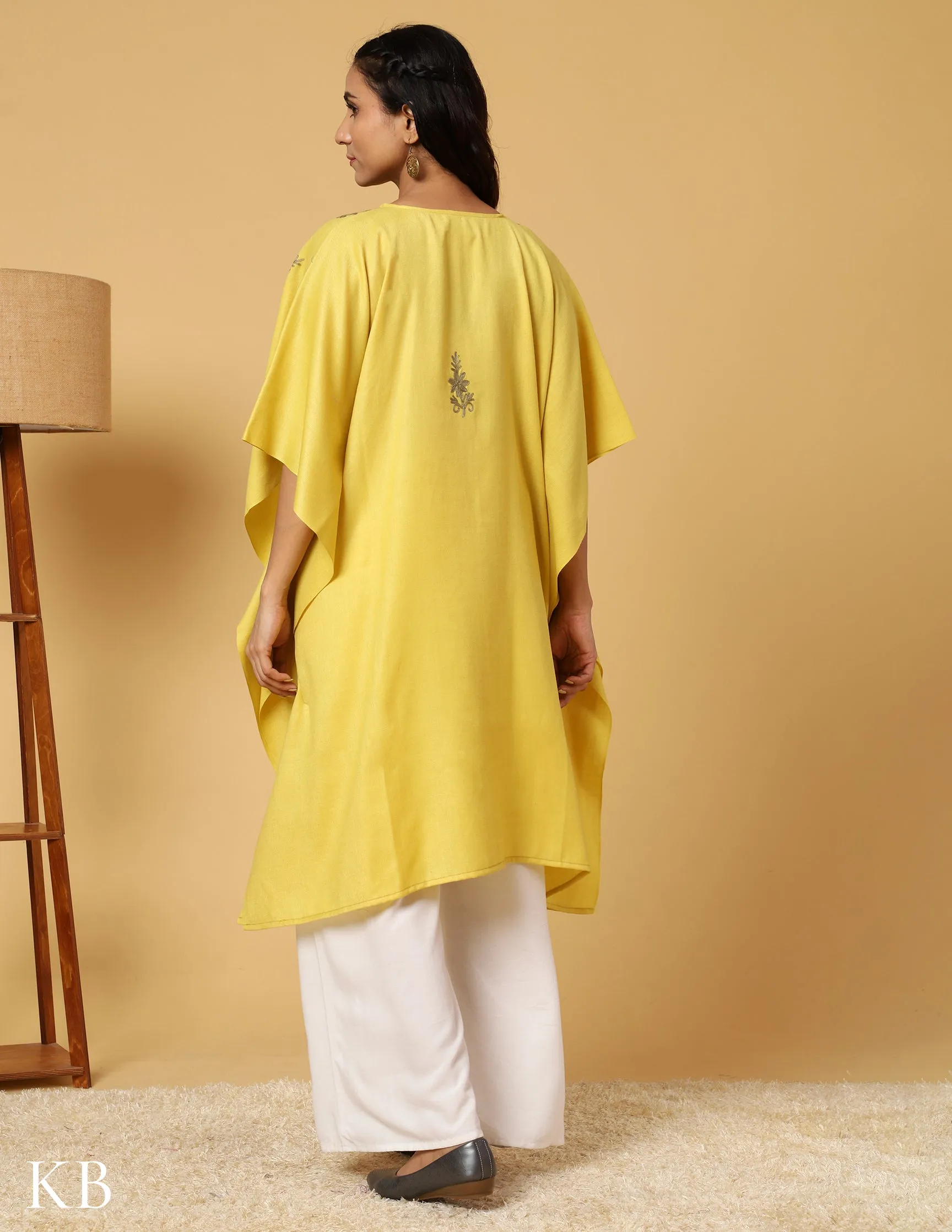 Banana Yellow Aari Embroidered Woolen Kaftan