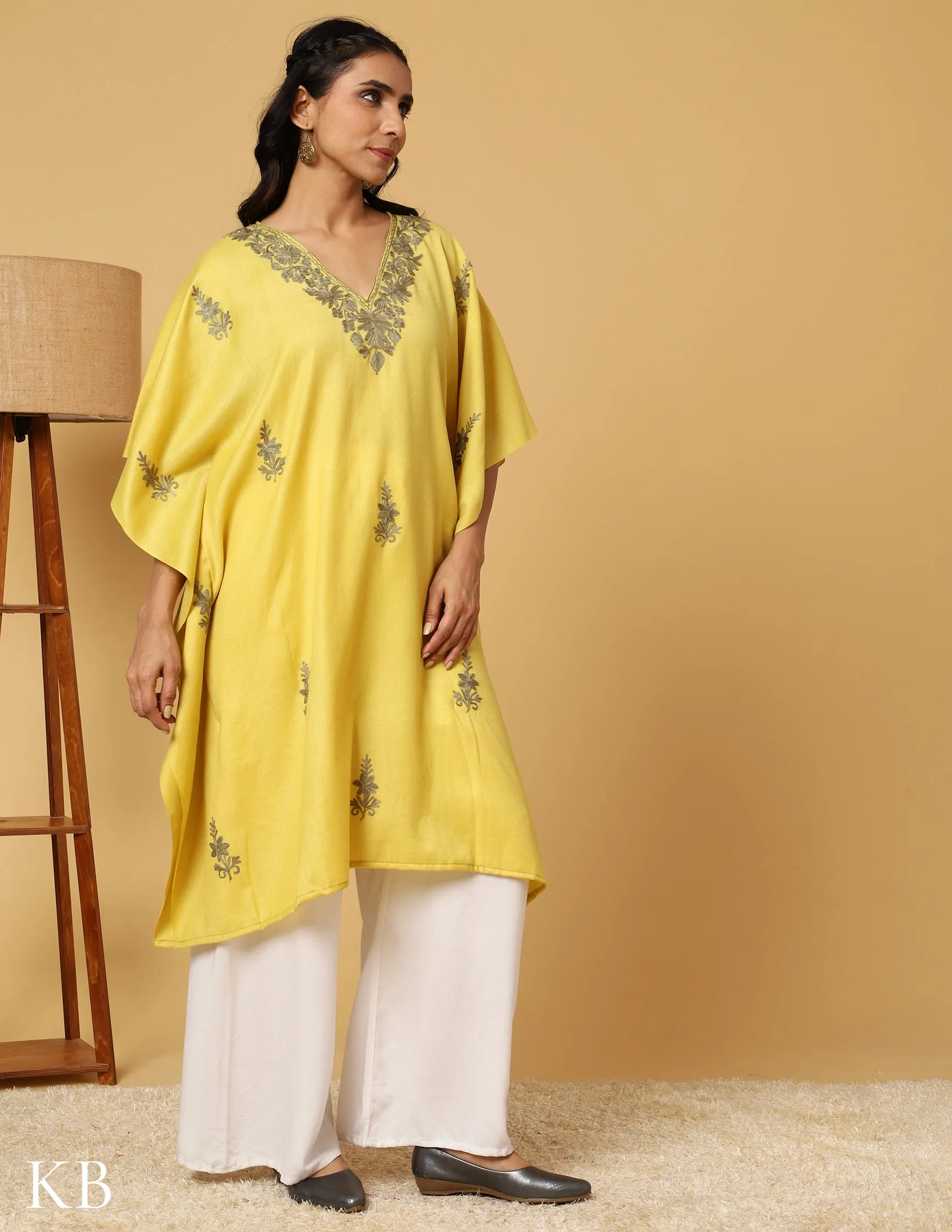 Banana Yellow Aari Embroidered Woolen Kaftan