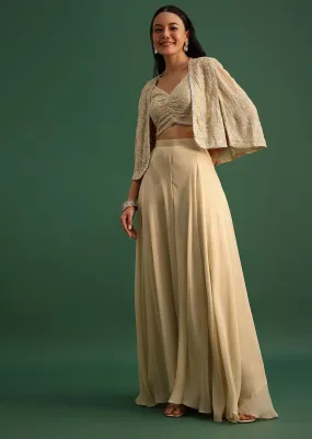 Beige Georgette Crop Top And Palazzo Set With Resham Work