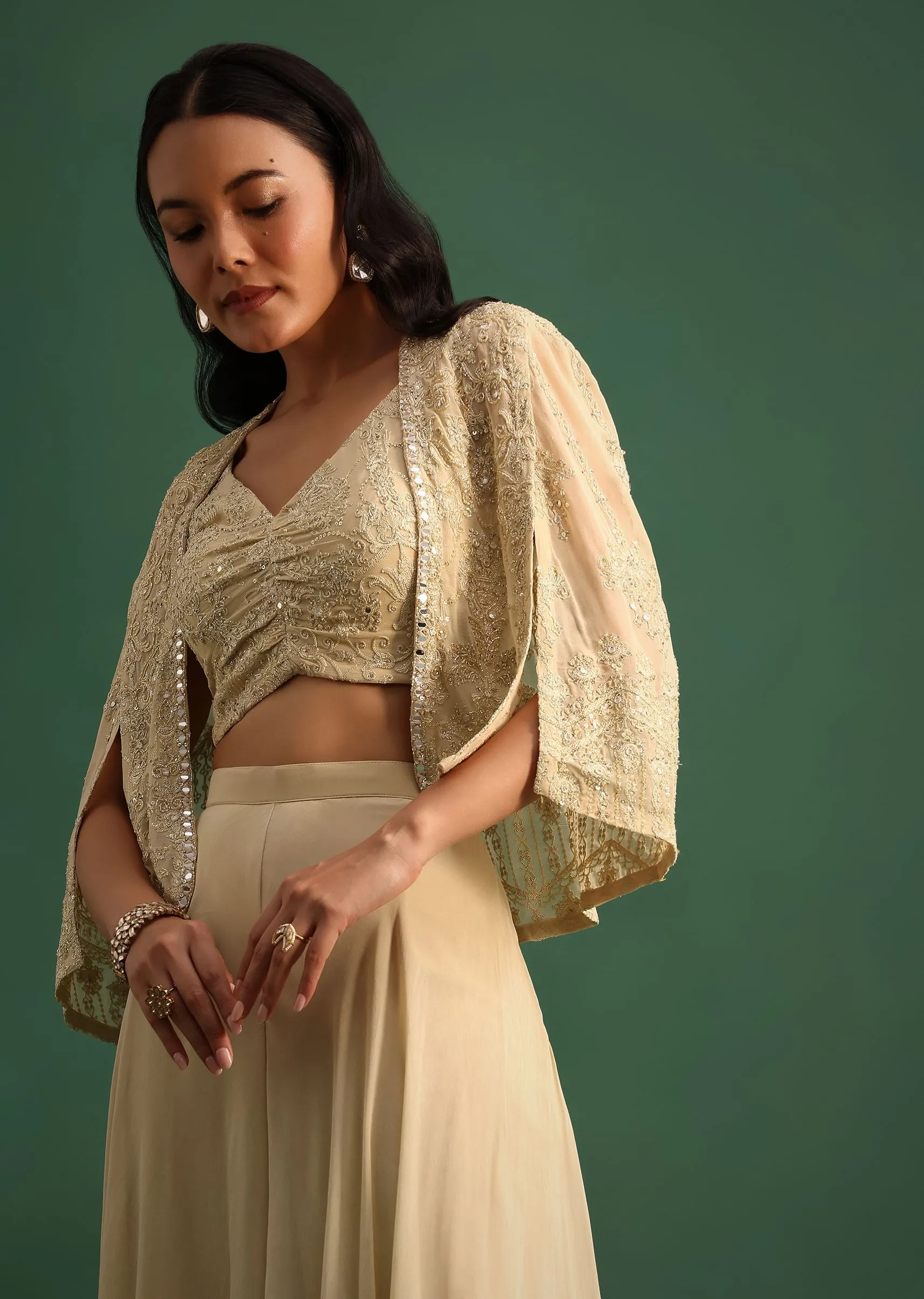 Beige Georgette Crop Top And Palazzo Set With Resham Work