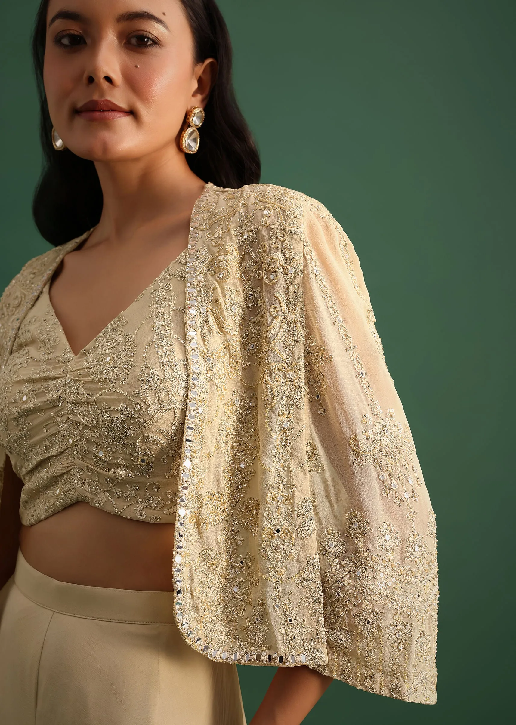 Beige Georgette Crop Top And Palazzo Set With Resham Work