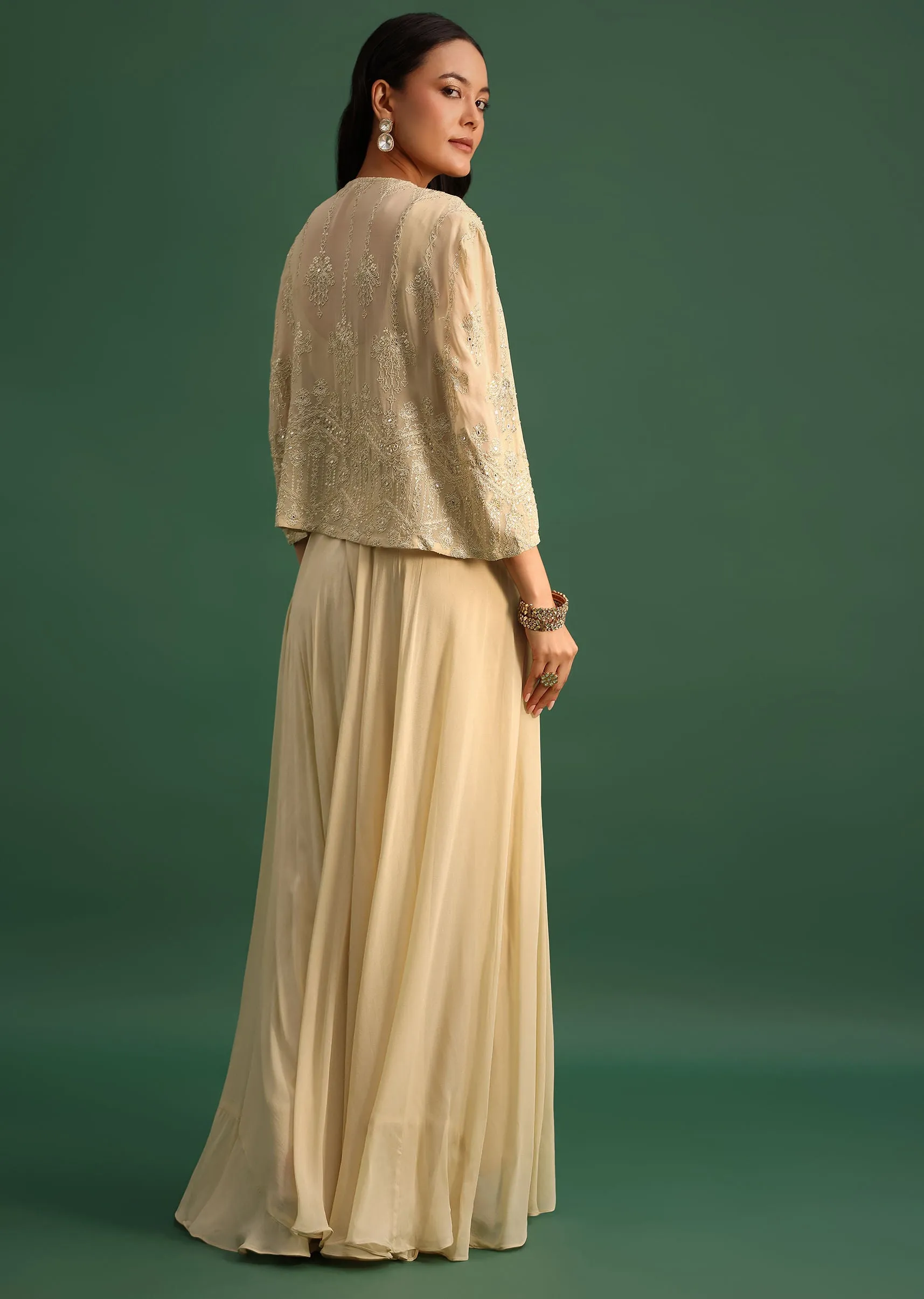 Beige Georgette Crop Top And Palazzo Set With Resham Work