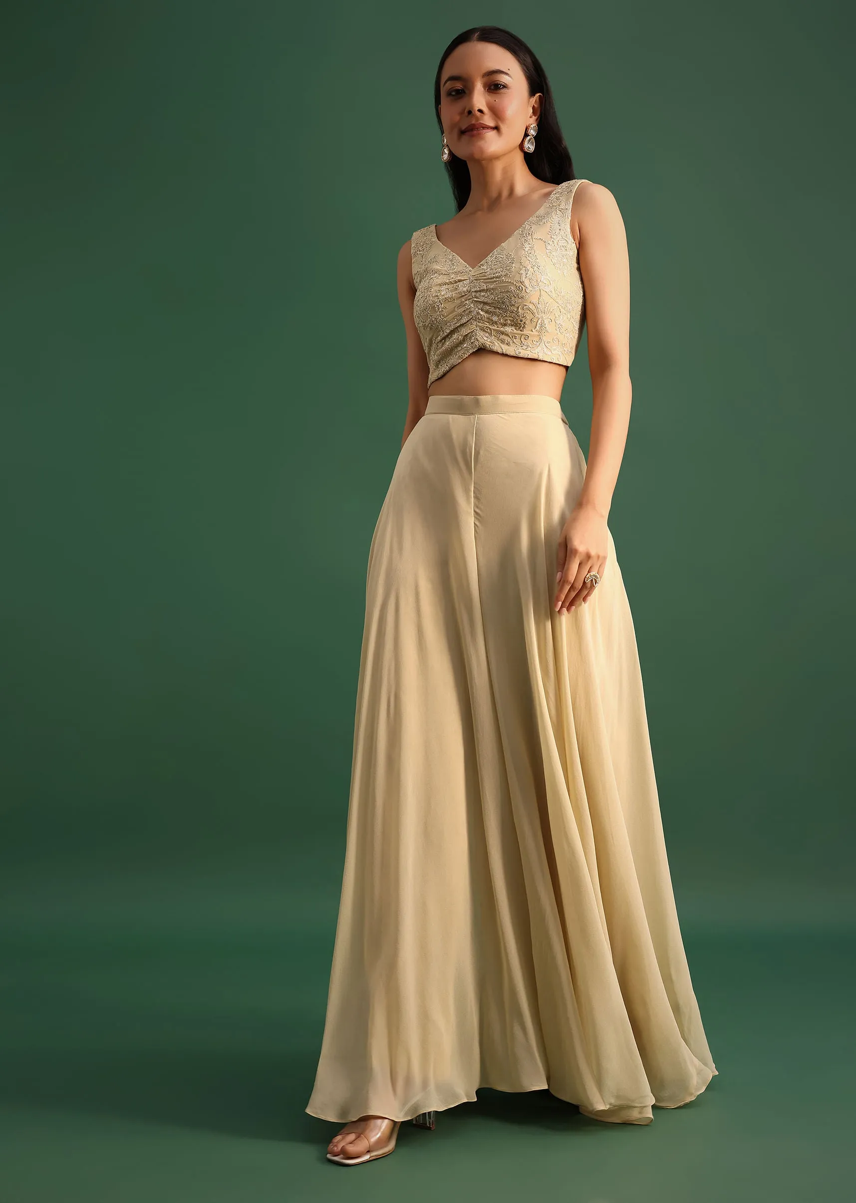 Beige Georgette Crop Top And Palazzo Set With Resham Work