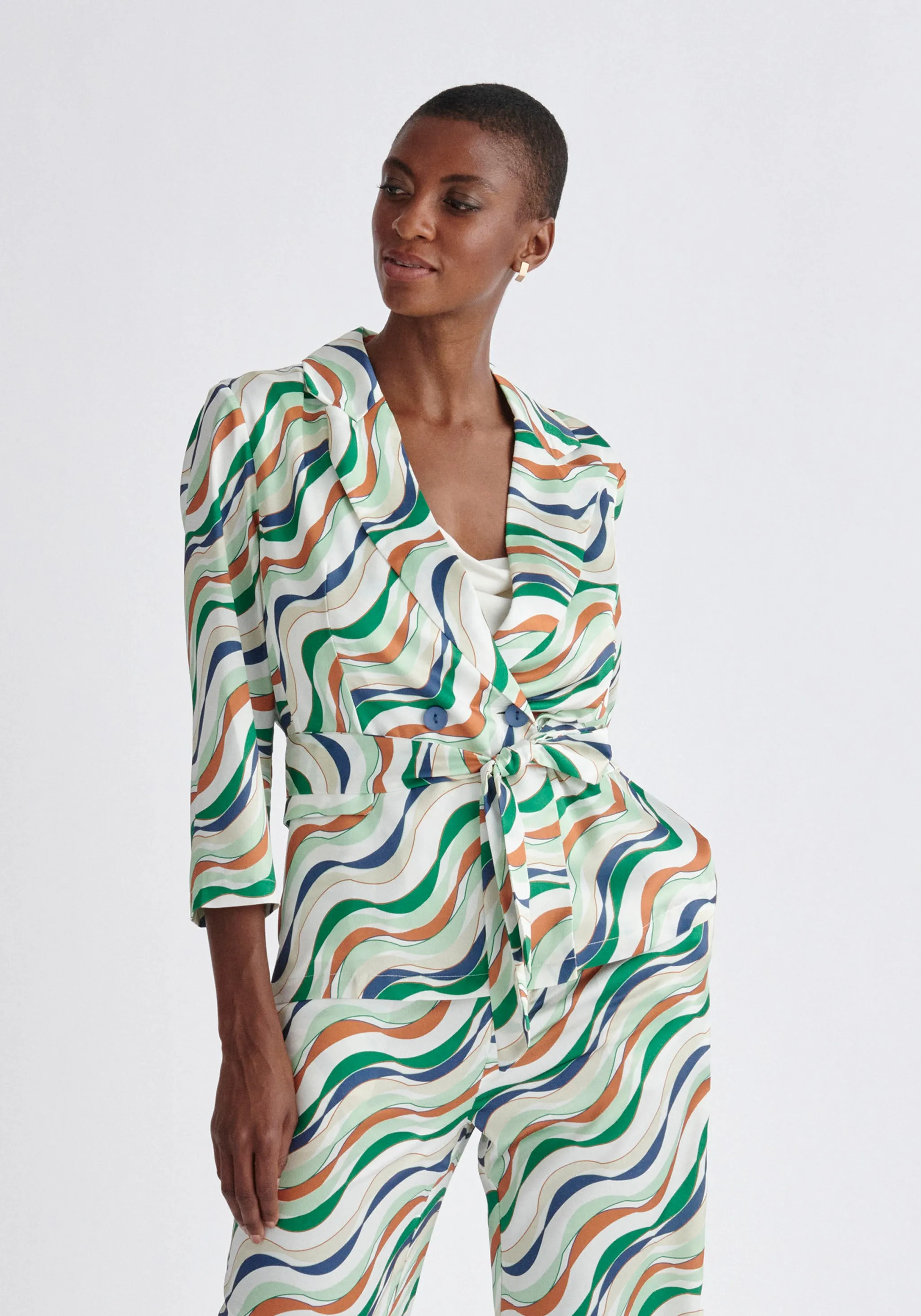 Belted Wave Print Blazer
