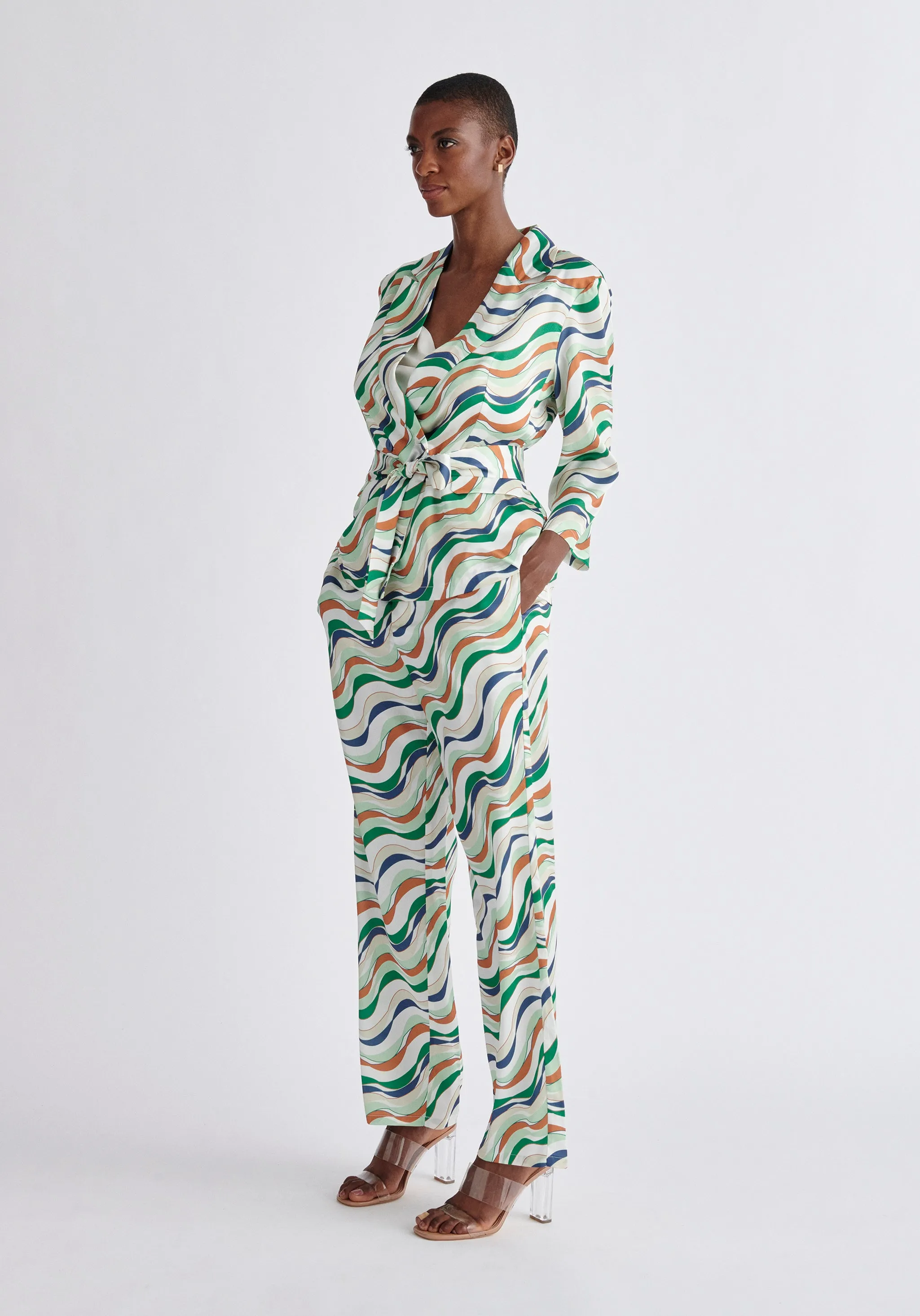 Belted Wave Print Blazer