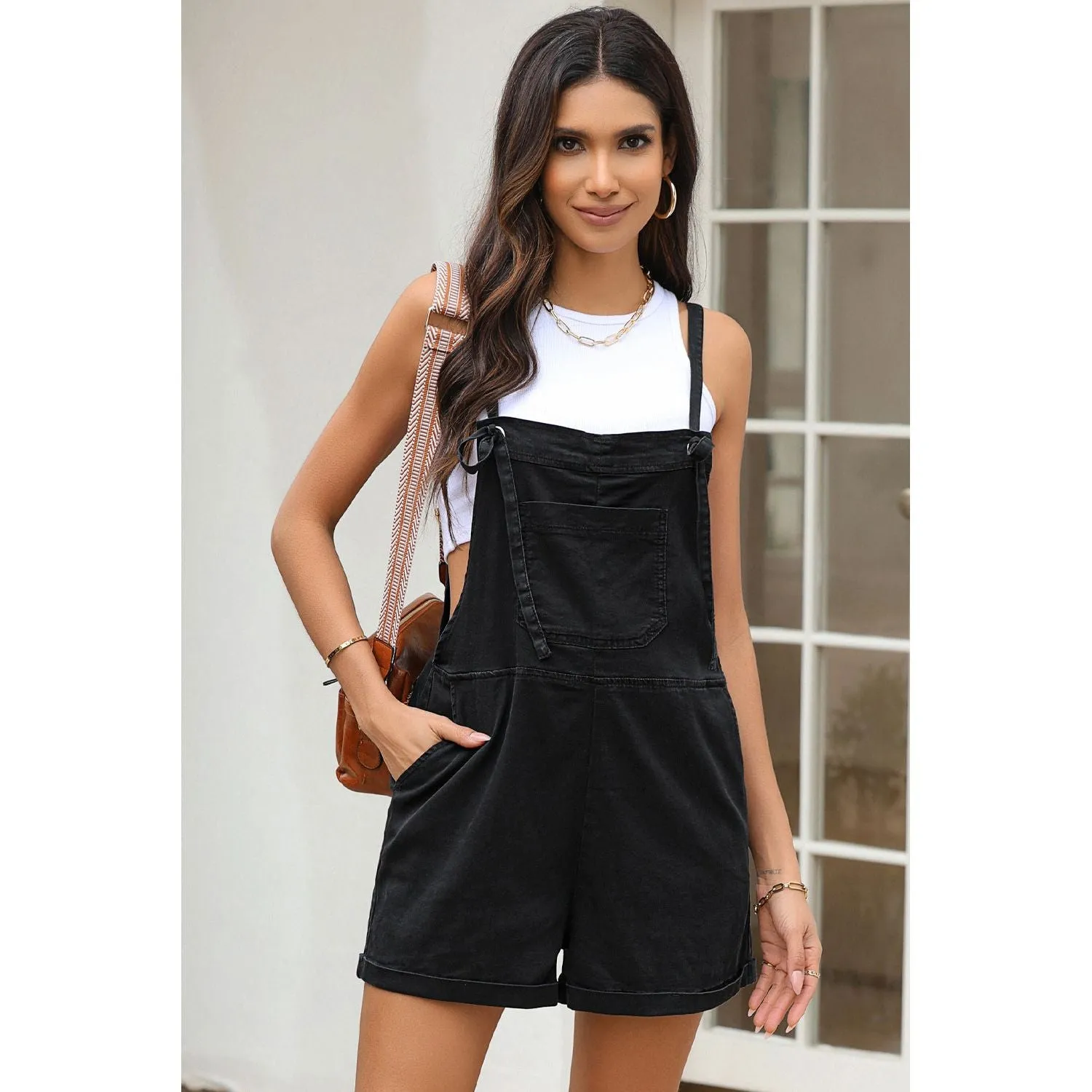 Better In Black Grommet Tie Straps Casual Denim Romper