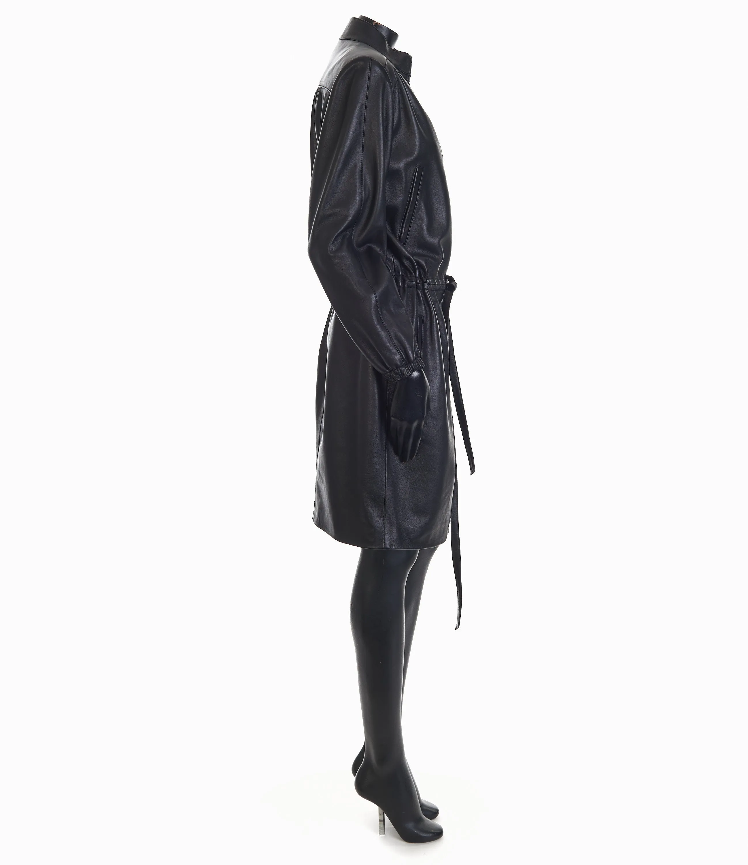 Black Drawstring Zip-Front Leather Shirt Dress