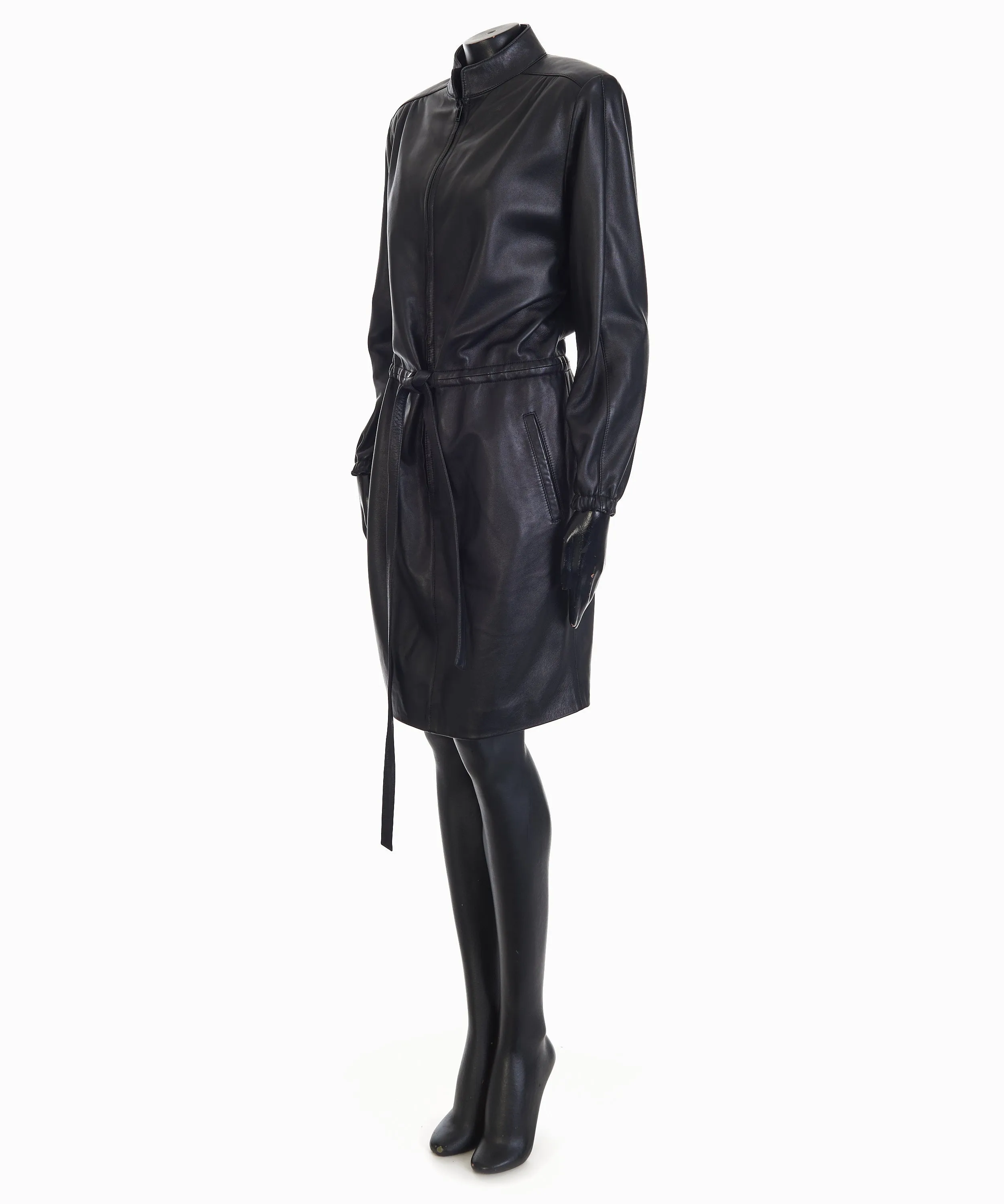 Black Drawstring Zip-Front Leather Shirt Dress