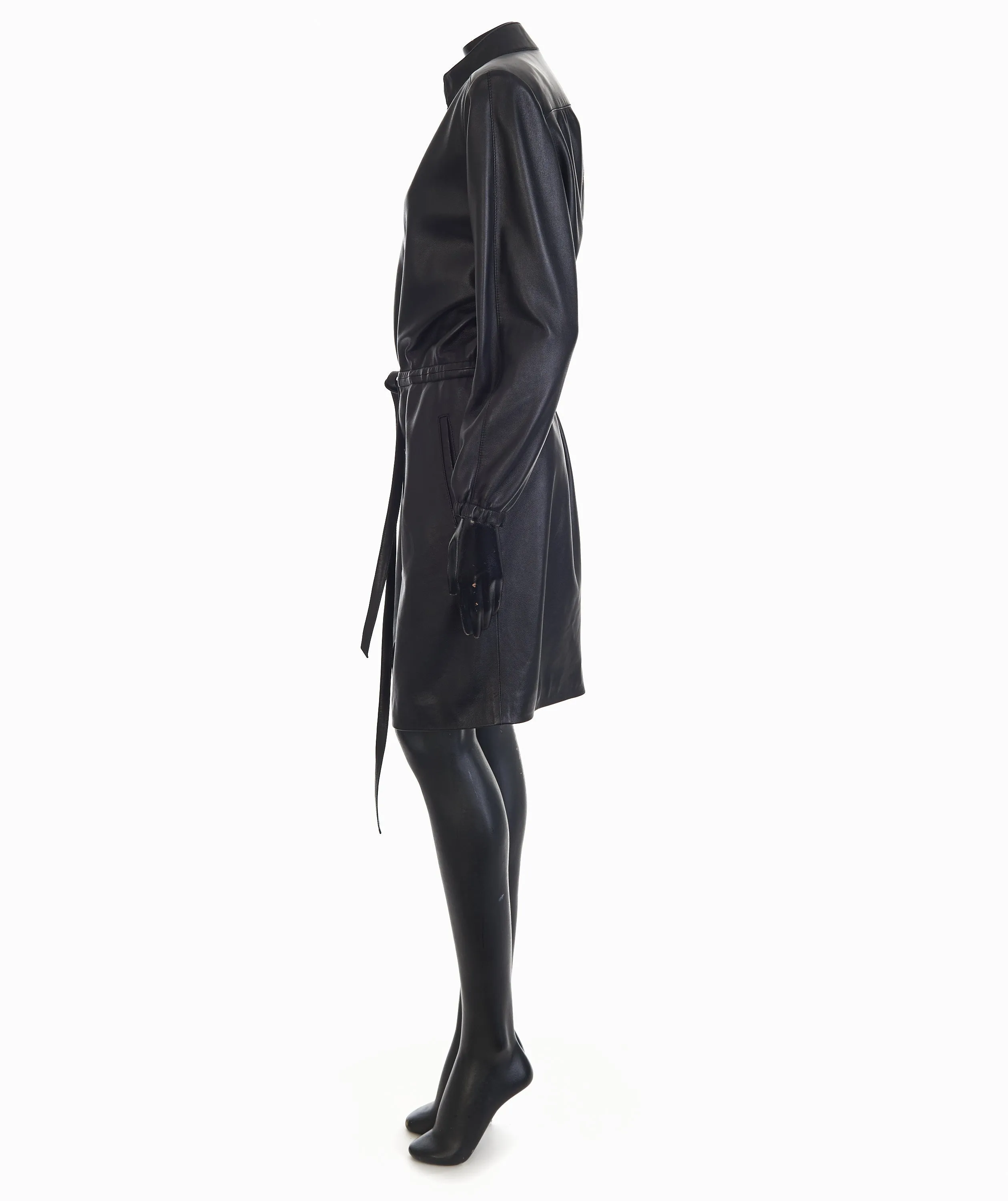 Black Drawstring Zip-Front Leather Shirt Dress