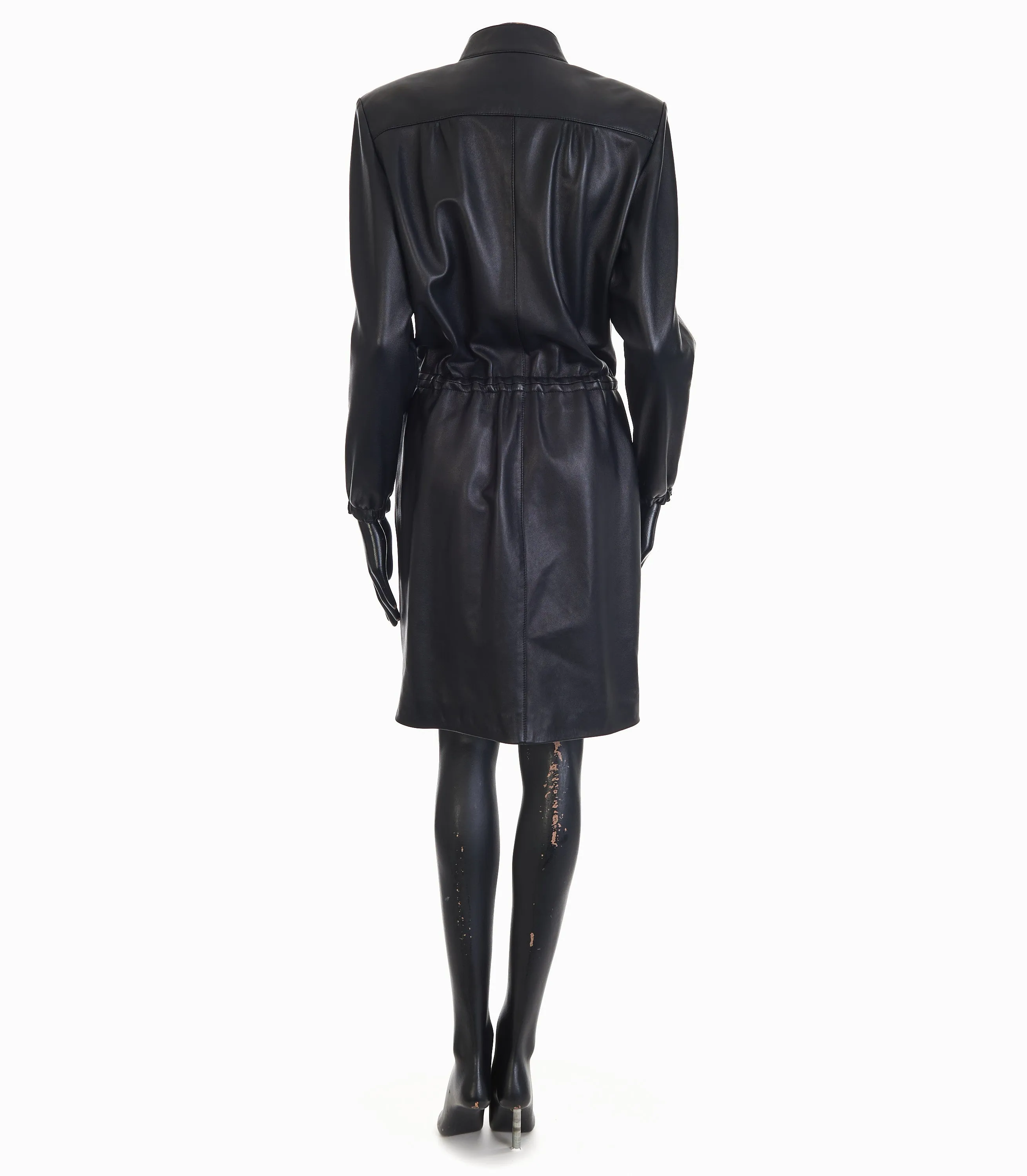 Black Drawstring Zip-Front Leather Shirt Dress