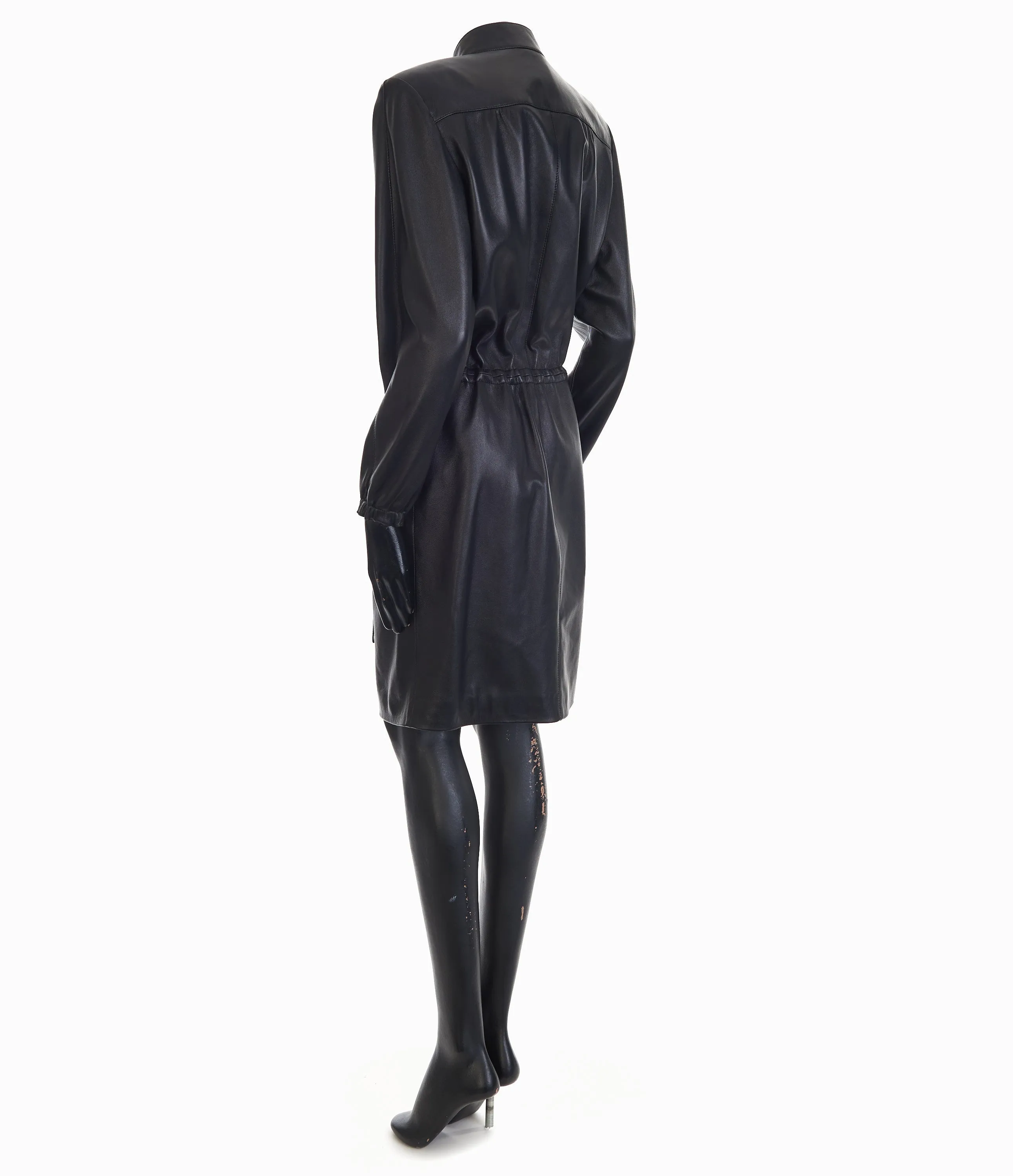 Black Drawstring Zip-Front Leather Shirt Dress