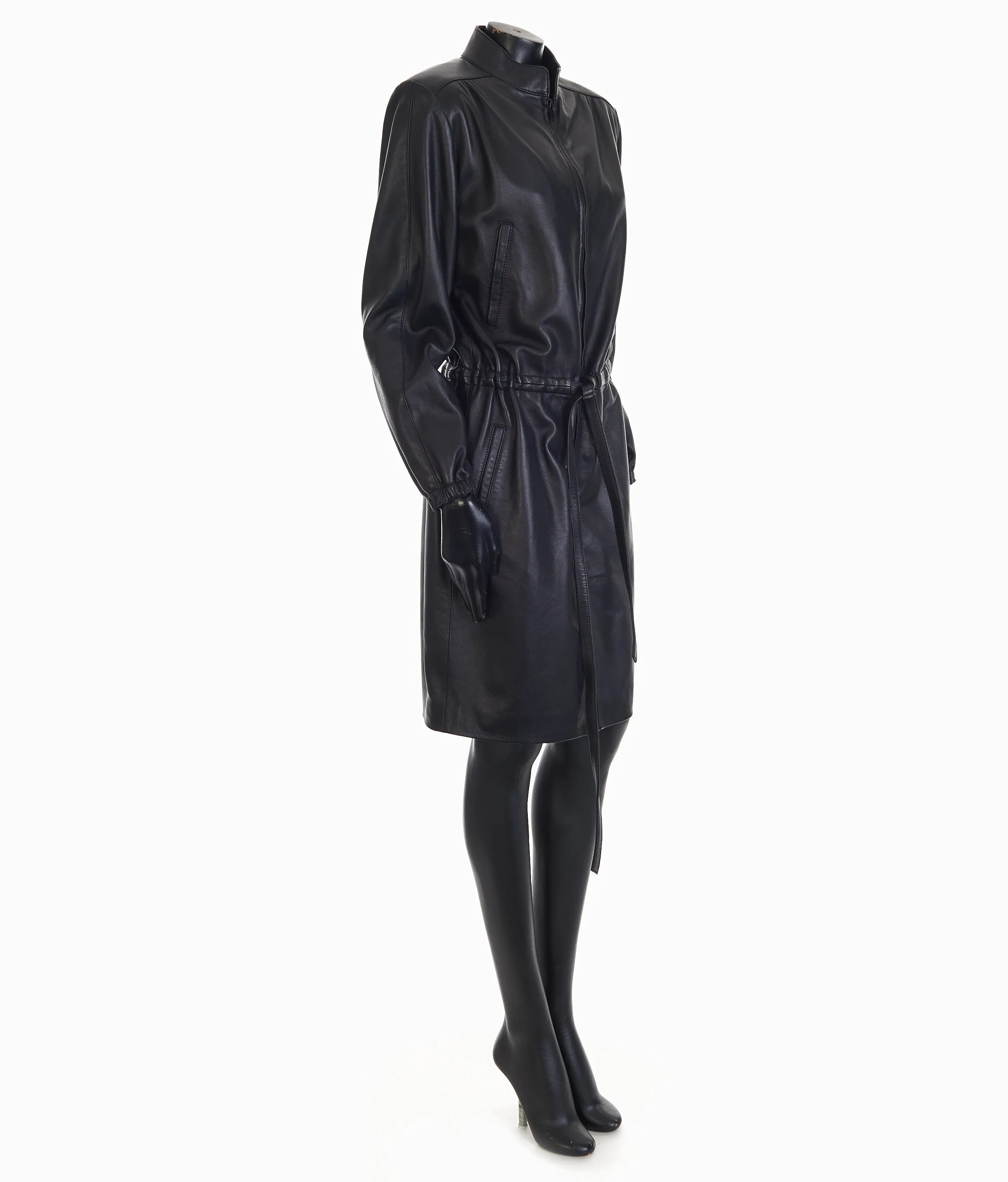 Black Drawstring Zip-Front Leather Shirt Dress