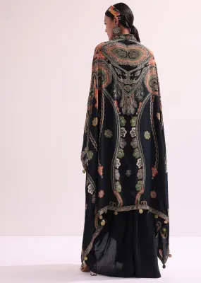 Black Printed Croptop And Skirt Set With Cape