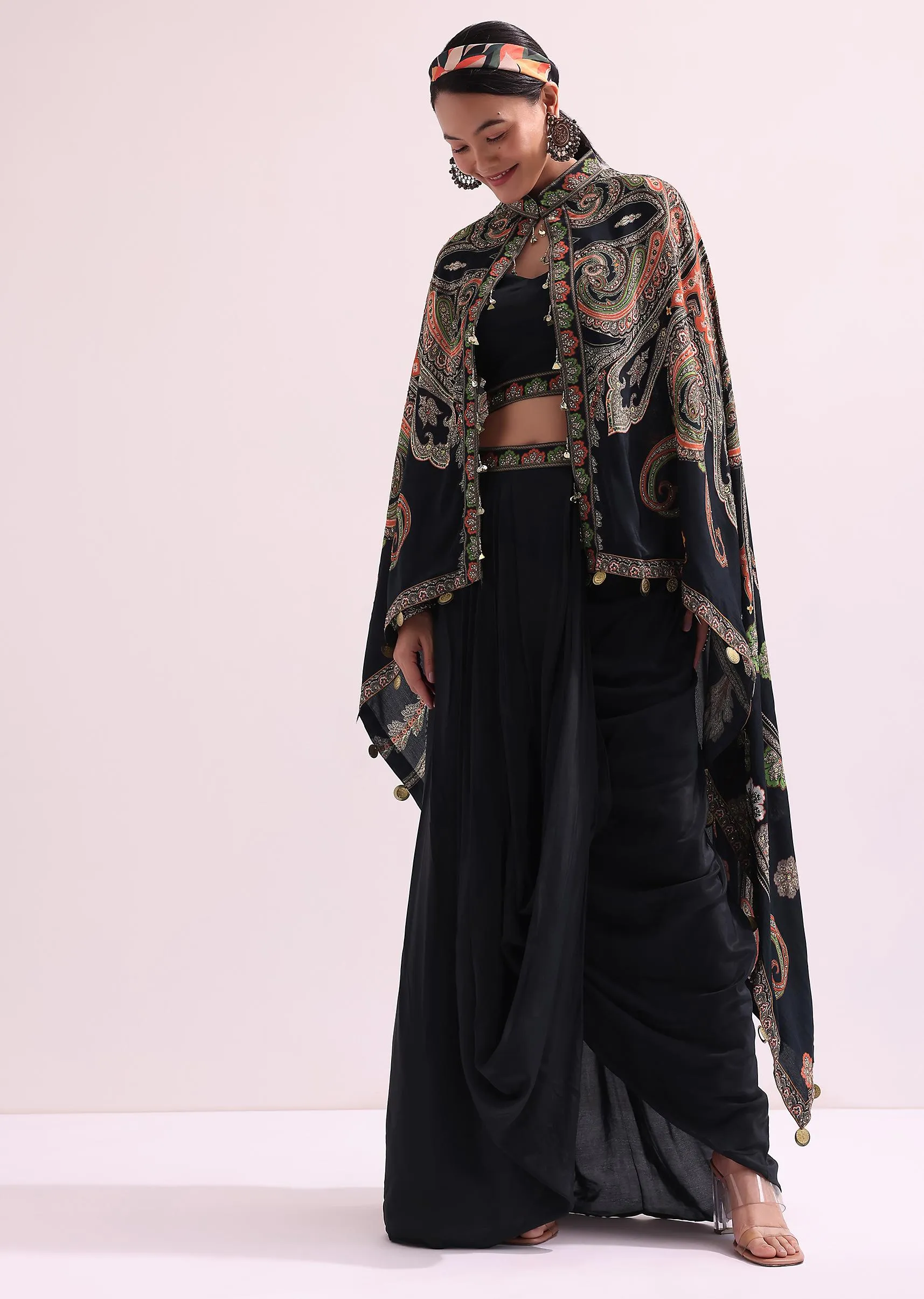 Black Printed Croptop And Skirt Set With Cape