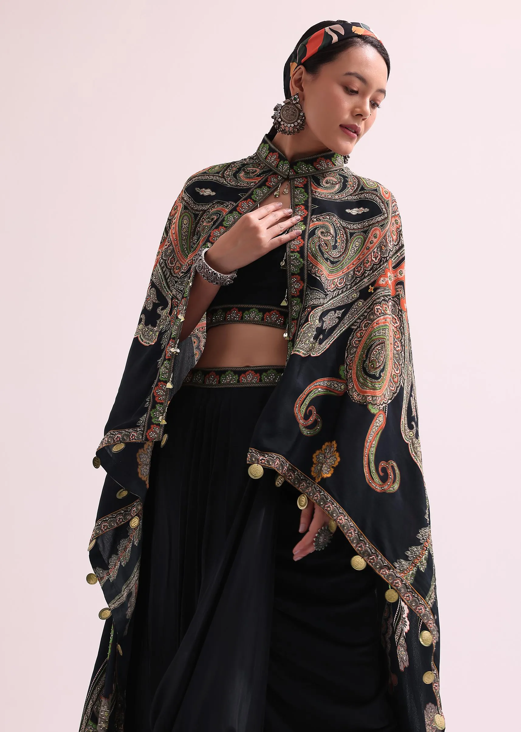 Black Printed Croptop And Skirt Set With Cape