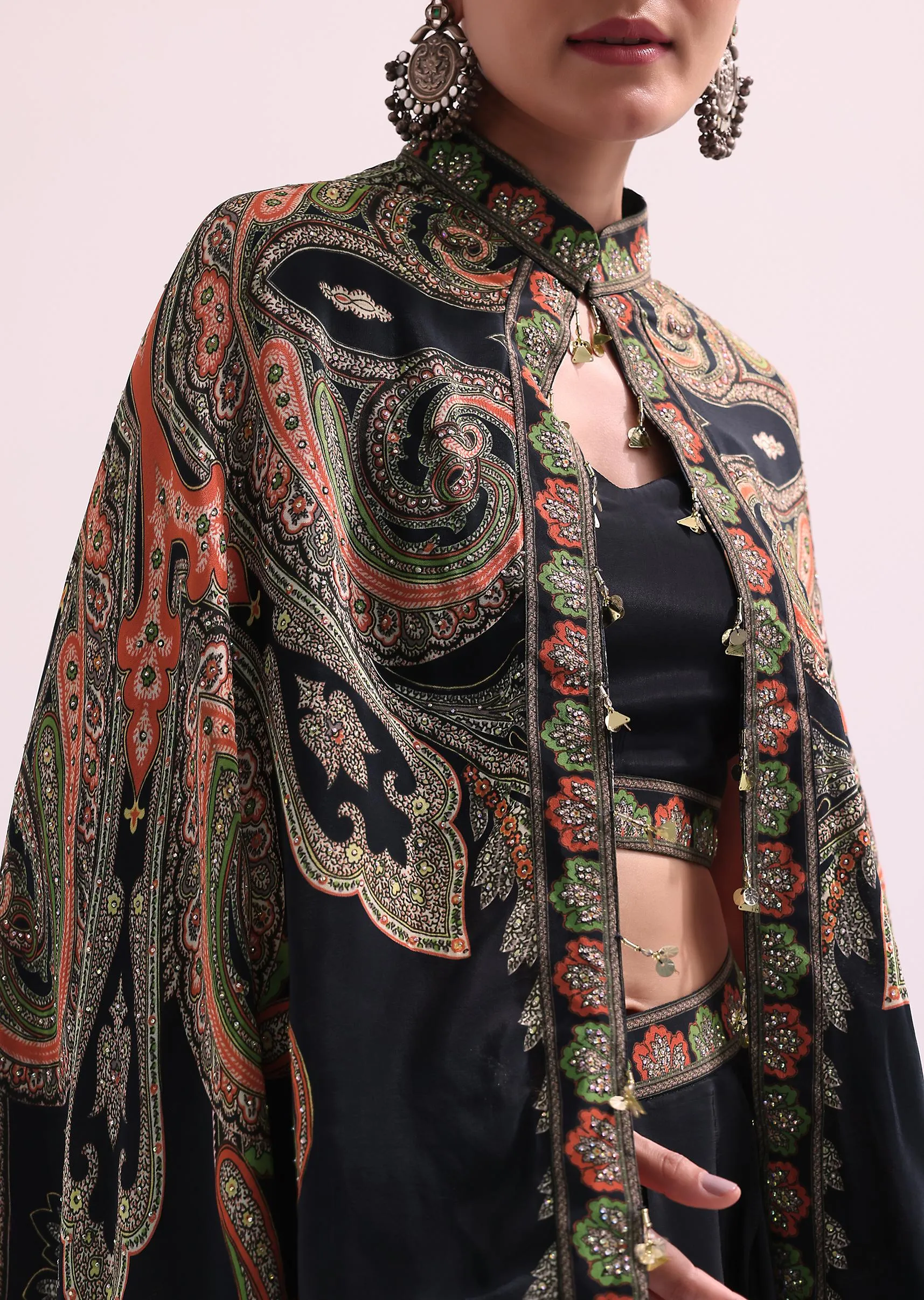 Black Printed Croptop And Skirt Set With Cape