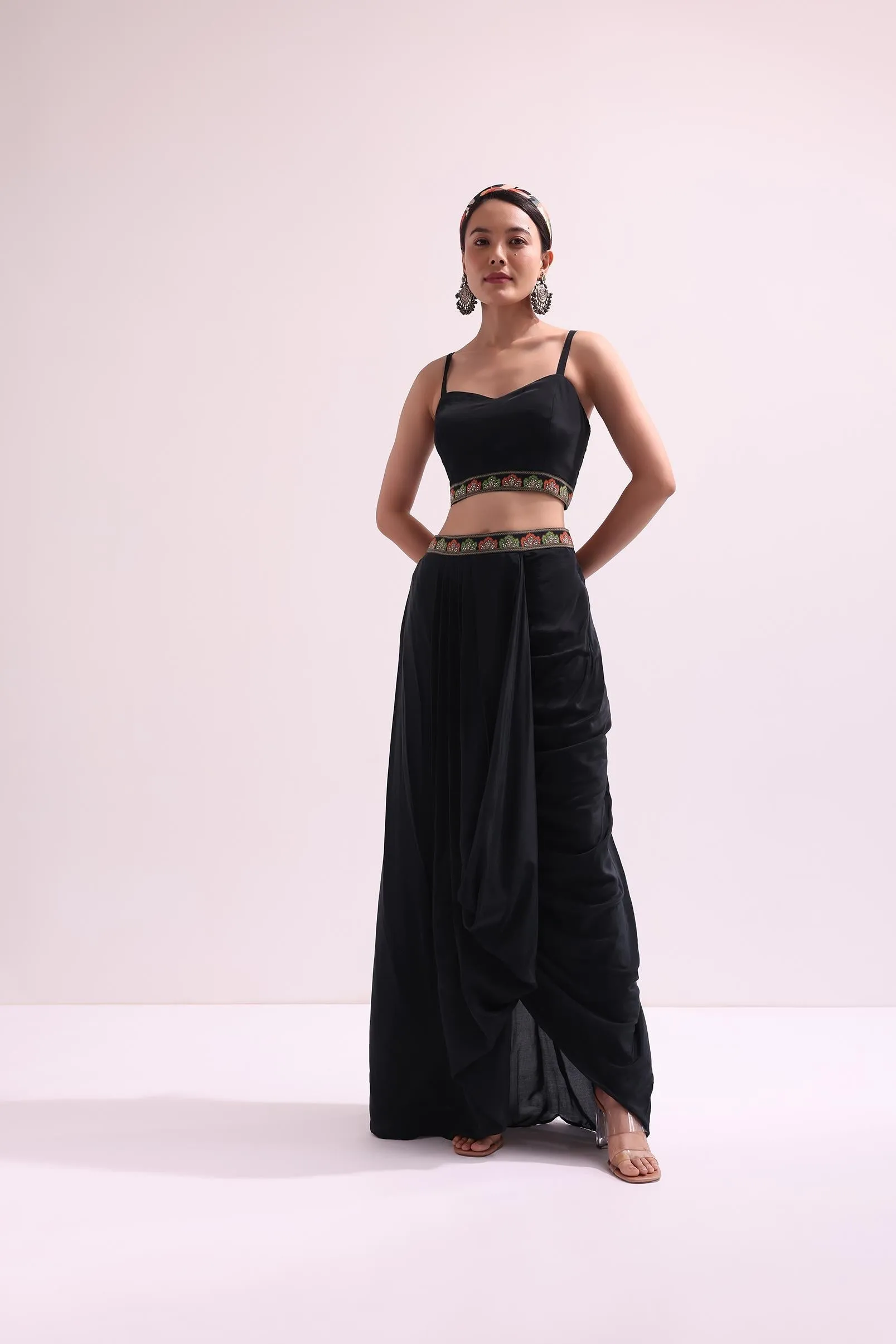 Black Printed Croptop And Skirt Set With Cape