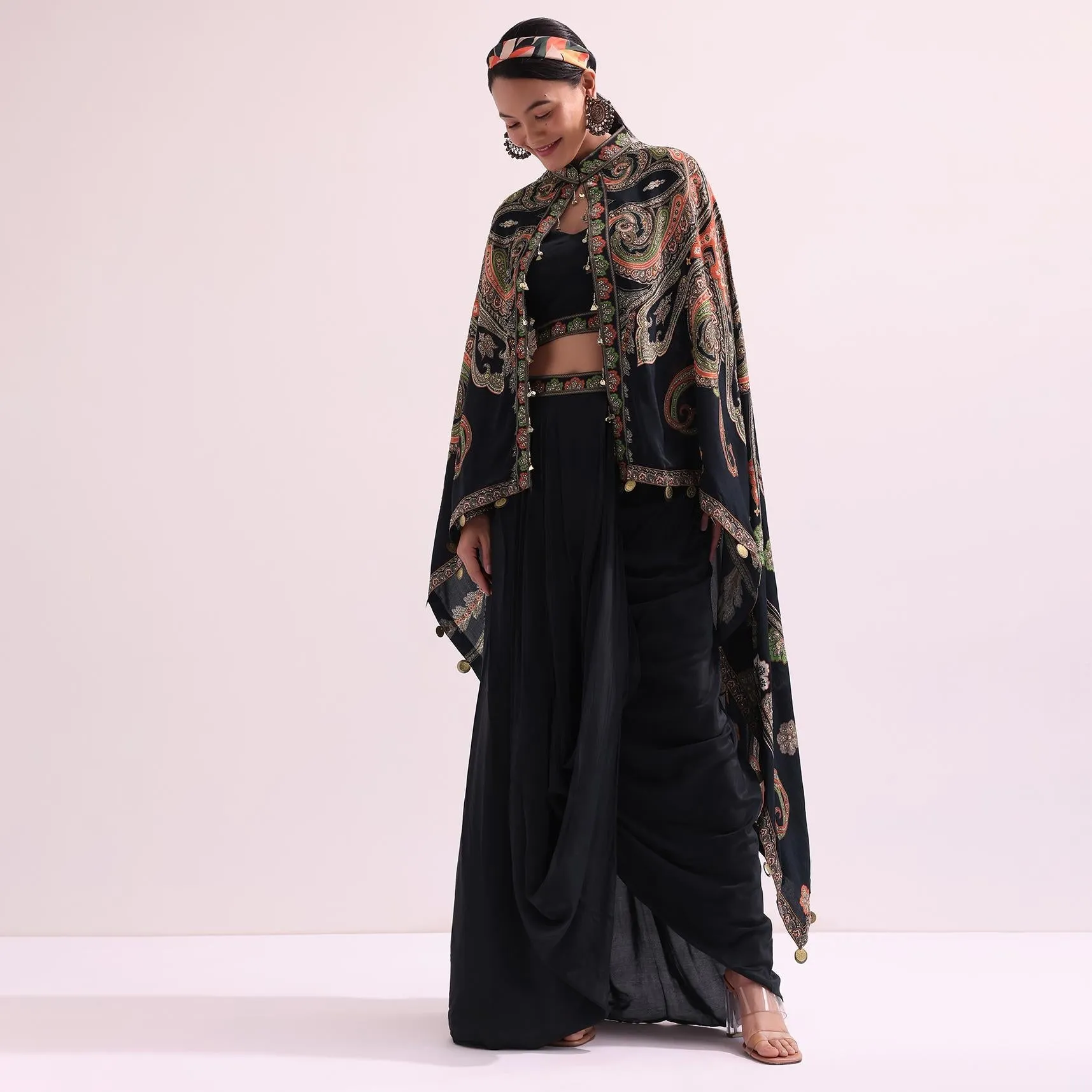 Black Printed Croptop And Skirt Set With Cape