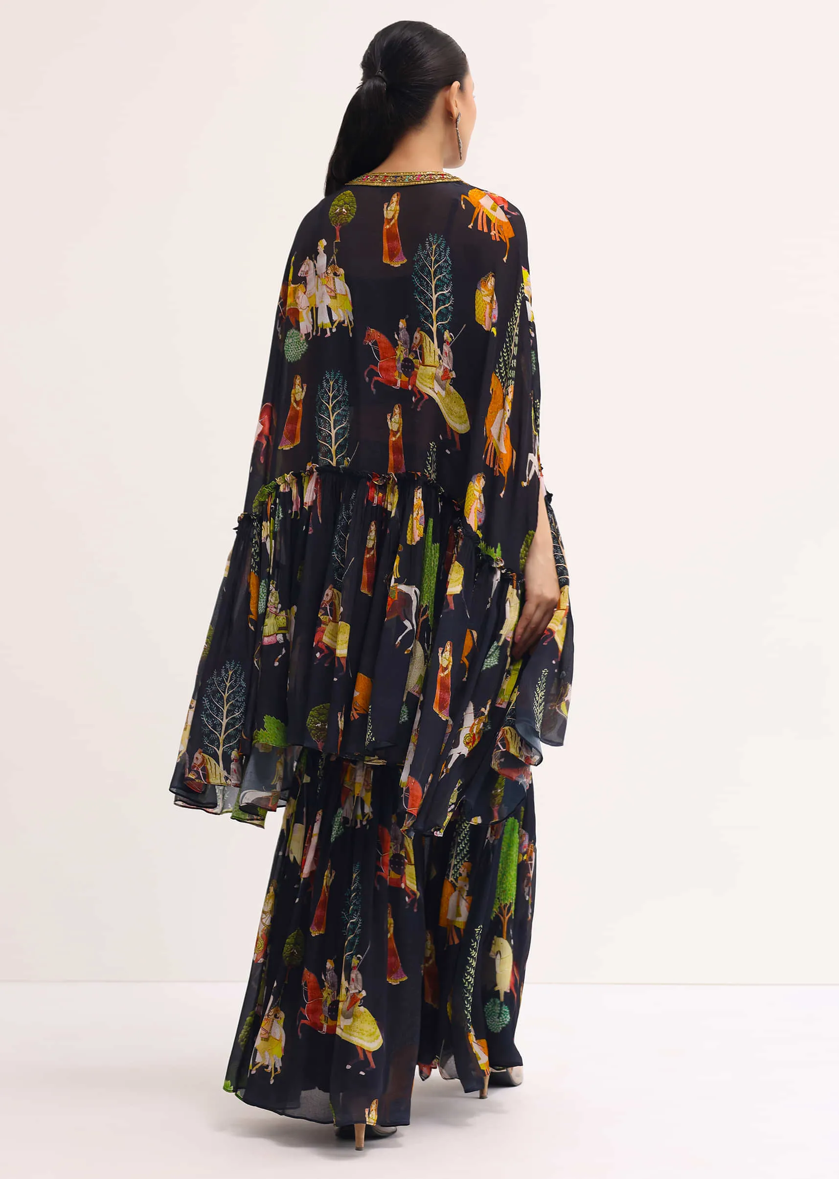 Black Printed Georgette Crop Top And Sharara Set