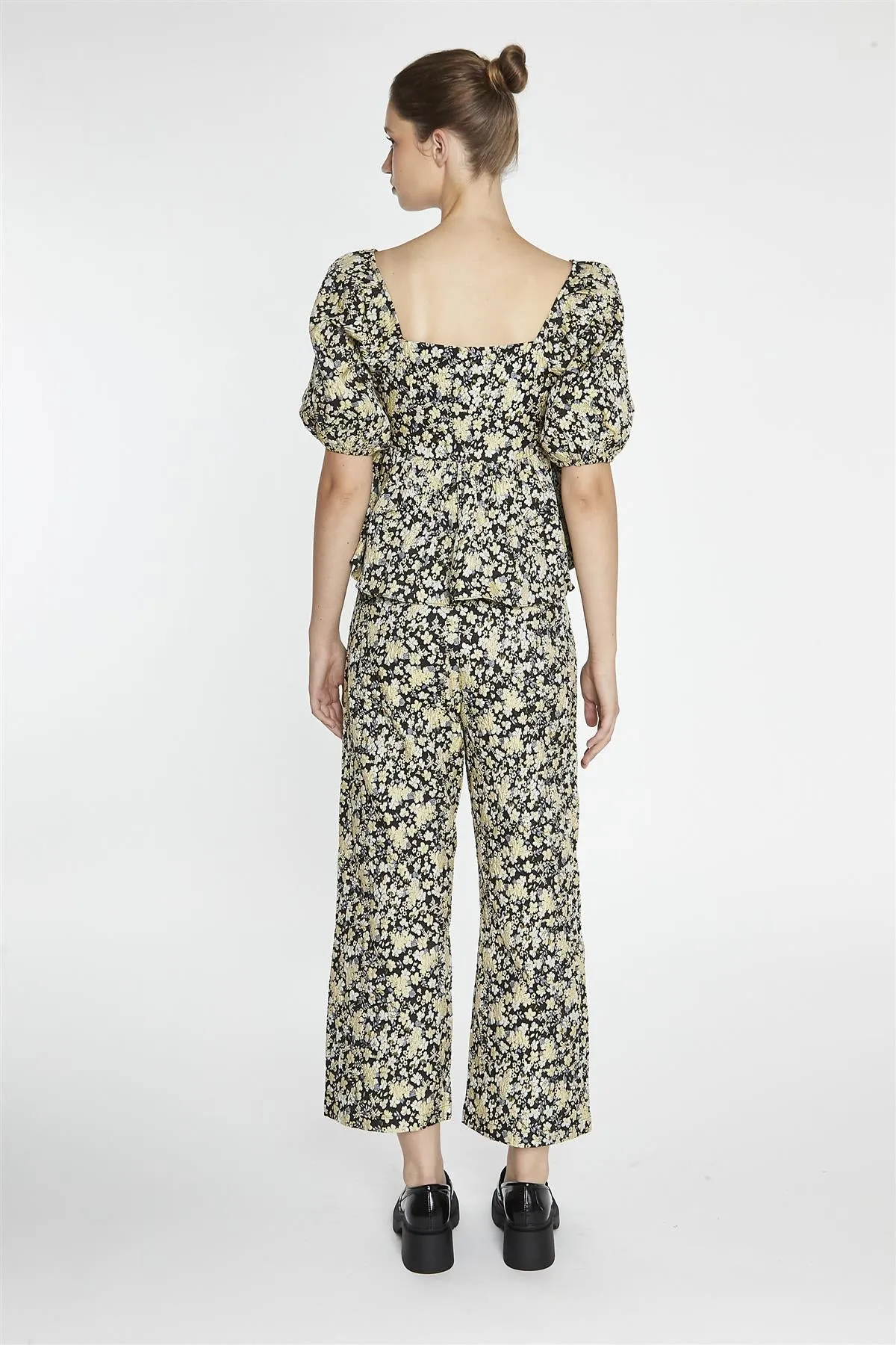 Black-Yellow Brocade Square-Neck Peplum-Top