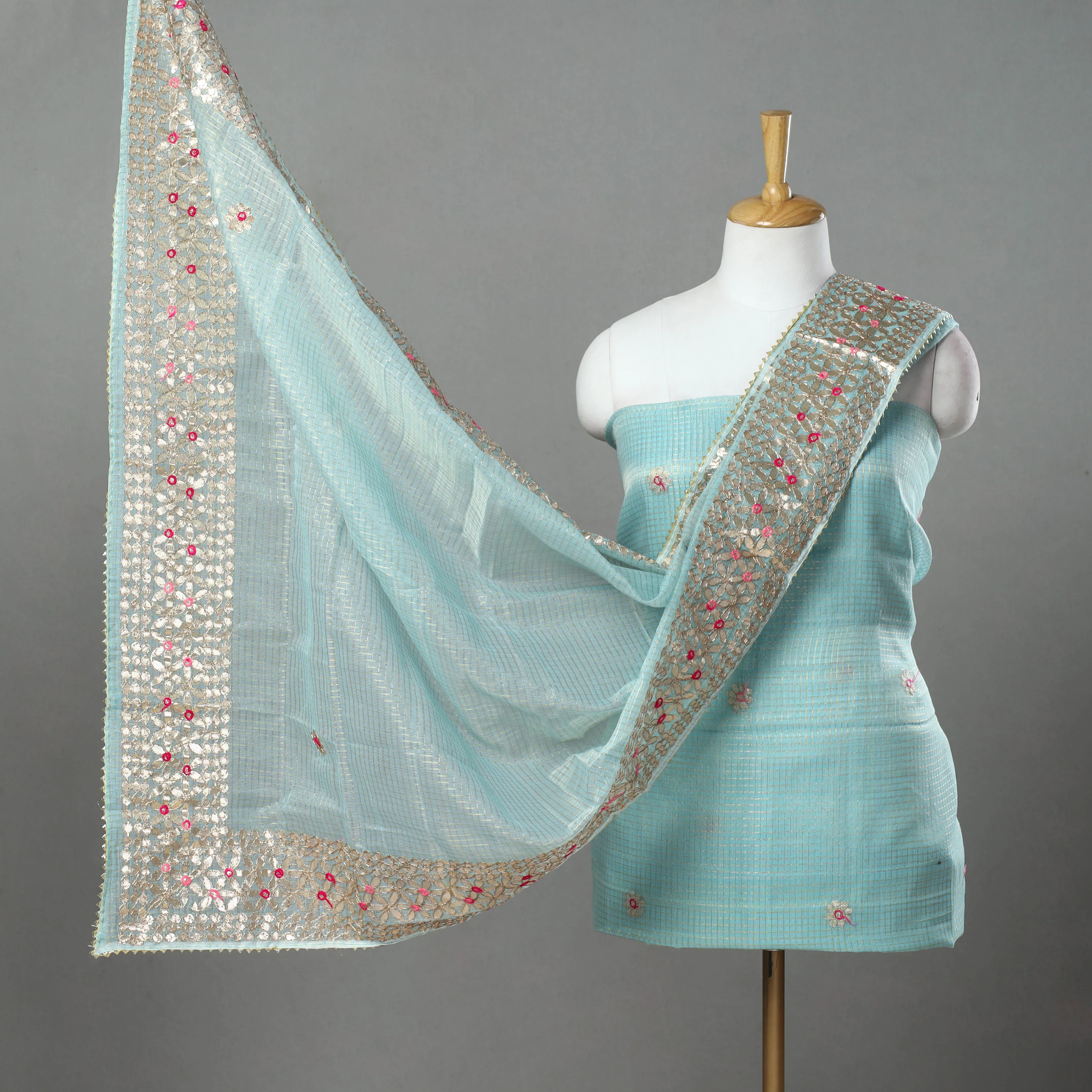 Blue - 3pc Cotton Gota Patti Work Kota Doria Dress Material 03