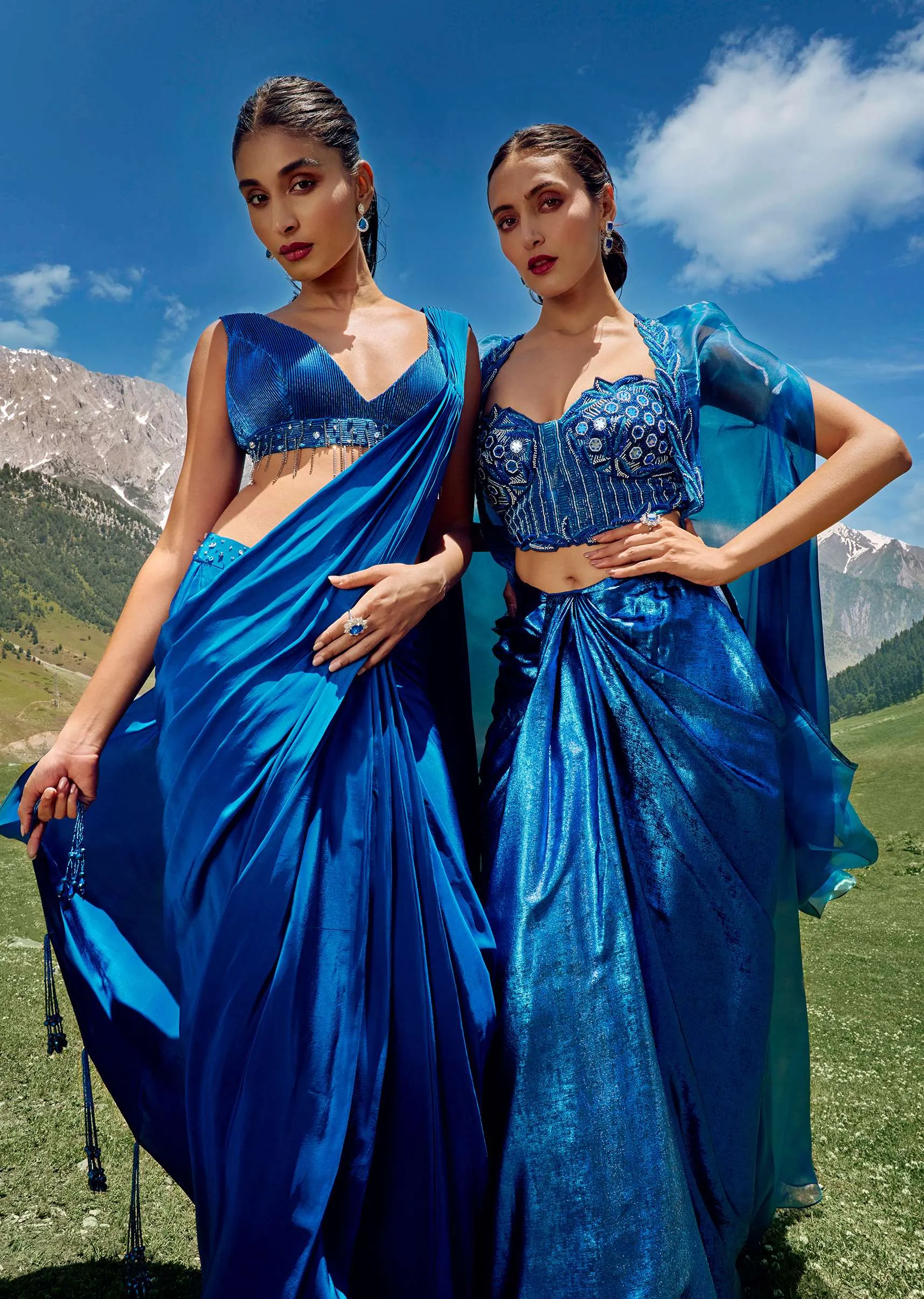 Blue Drape Skirt And Blouse Set In Shimmer With Hand Work