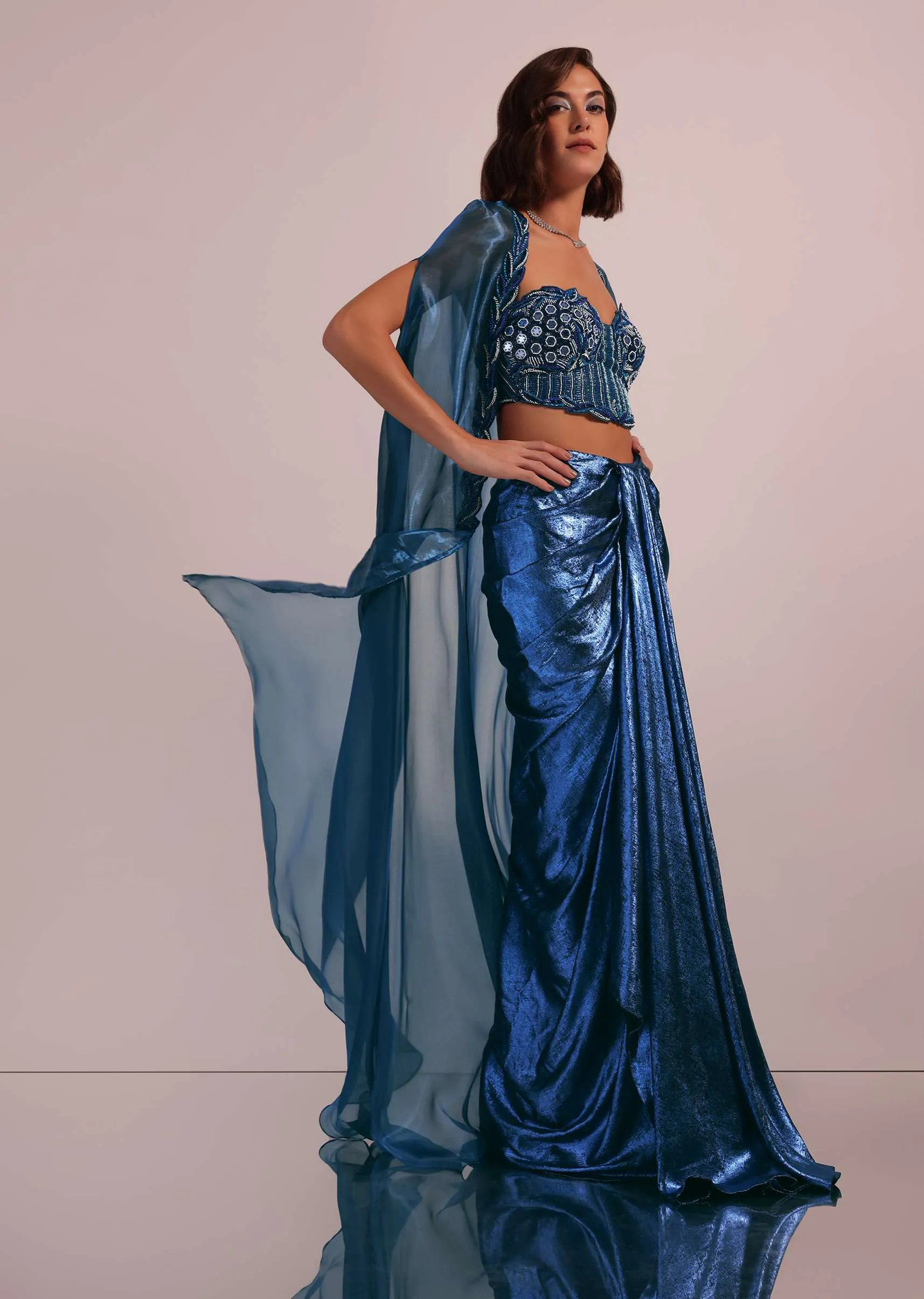 Blue Drape Skirt And Blouse Set In Shimmer With Hand Work