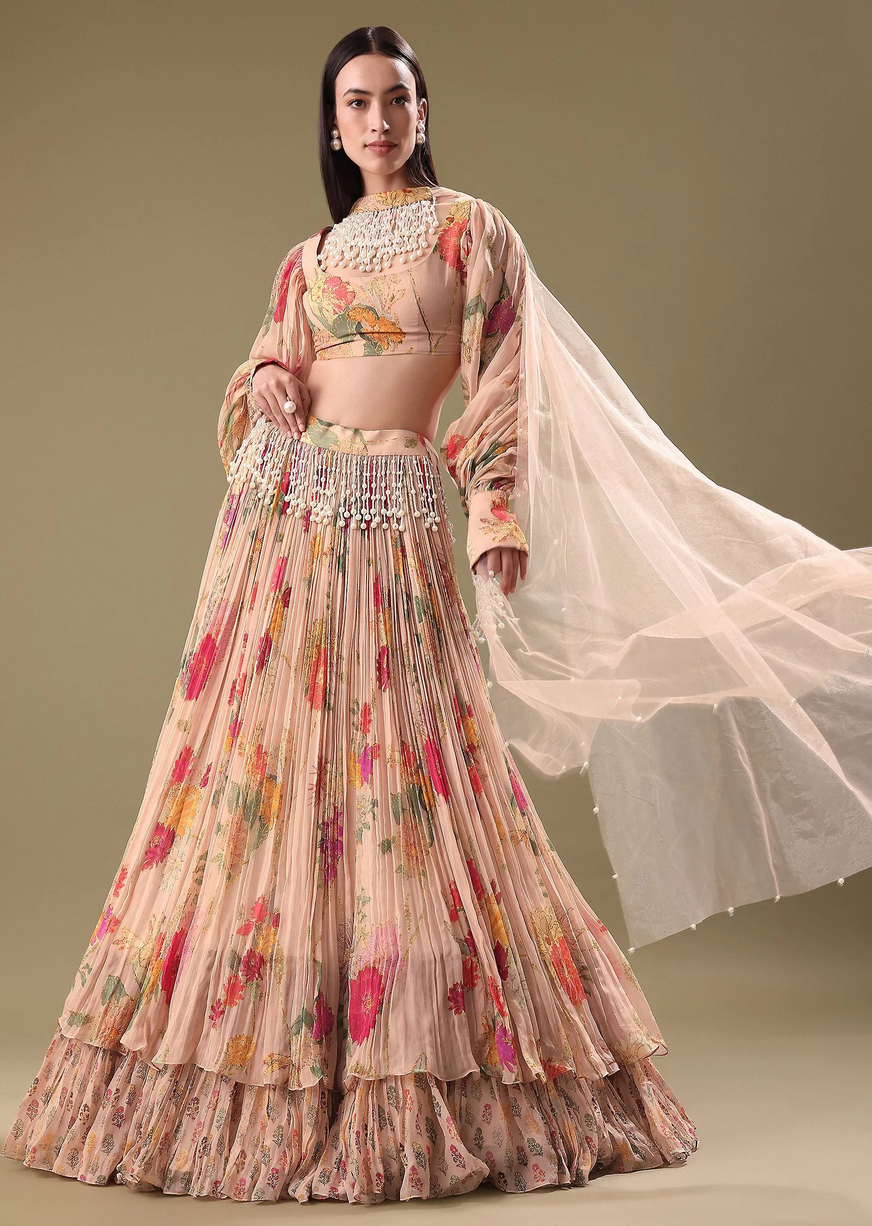 Blush Peach Floral Embroidered Blouse With Skirt And Cape