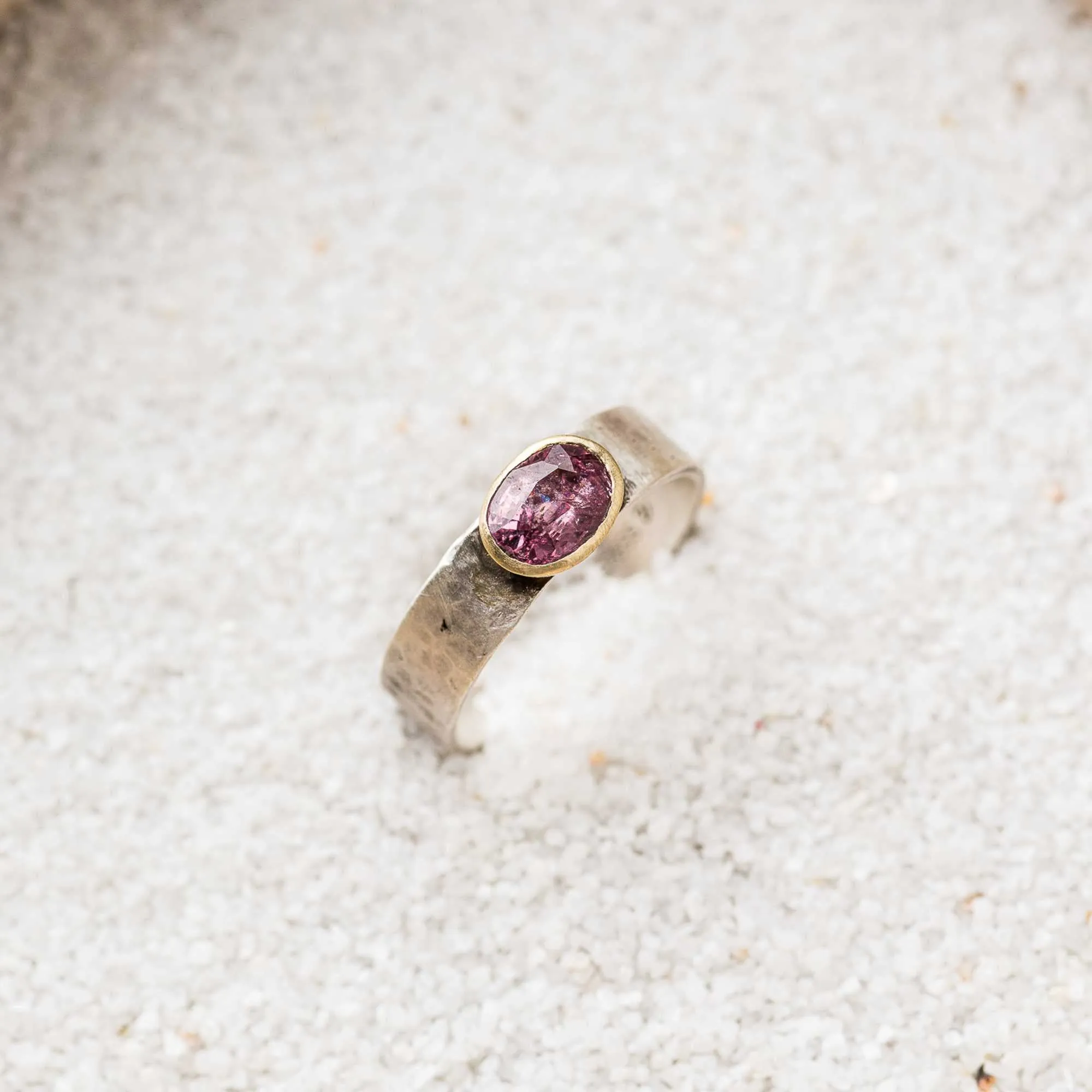 Blush Pink Spinel East-West Mixed Metal Ring on Cigar Band