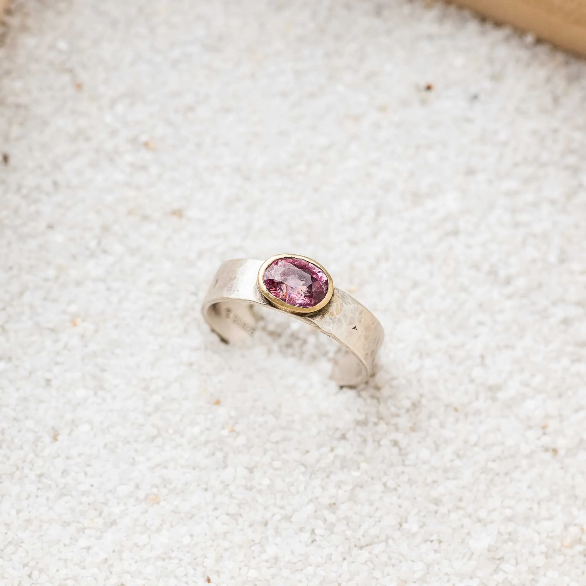 Blush Pink Spinel East-West Mixed Metal Ring on Cigar Band