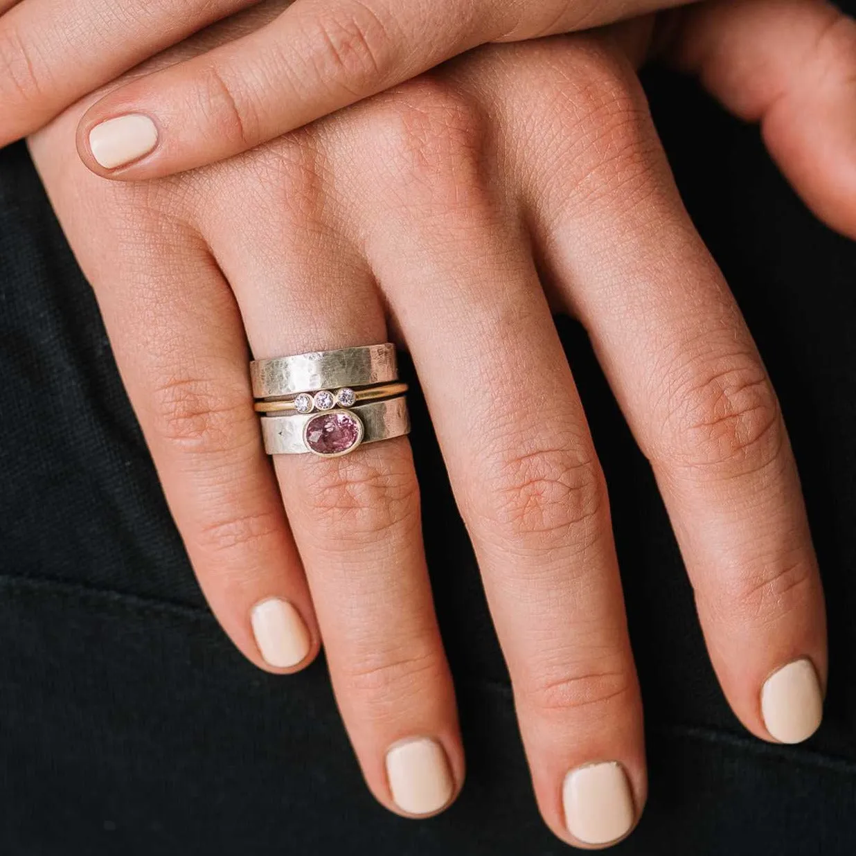Blush Pink Spinel East-West Mixed Metal Ring on Cigar Band